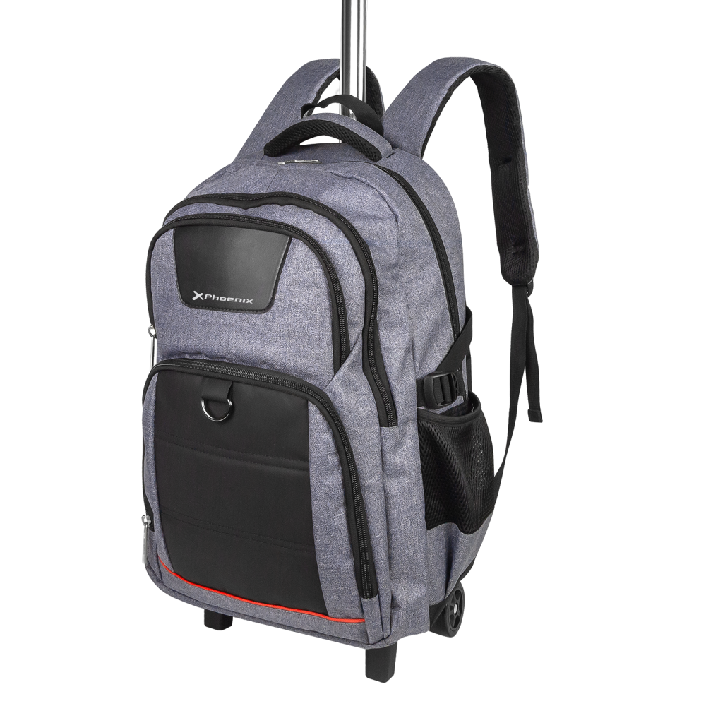 Mochila gris con detalles negros, ruedas y asa retráctil.
