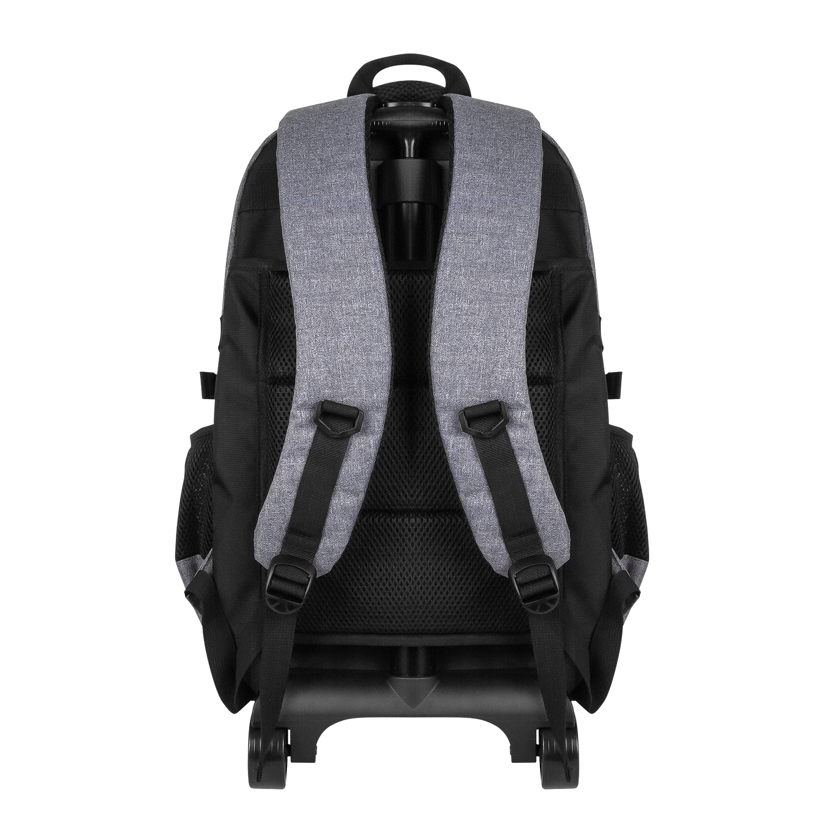 Mochila con ruedas: Negra con correas grises y espalda de malla.