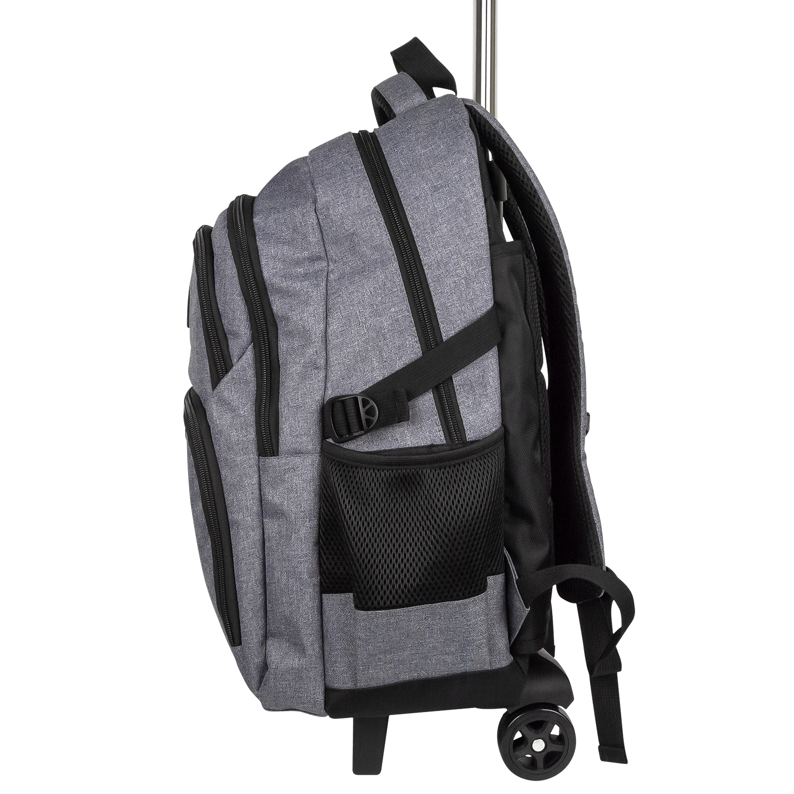 Mochila gris con ruedas y múltiples bolsillos con cremallera.