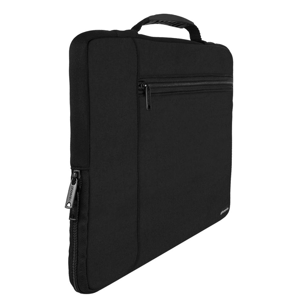 Schwarze Laptoptasche mit Griff und Reißverschlussfach.