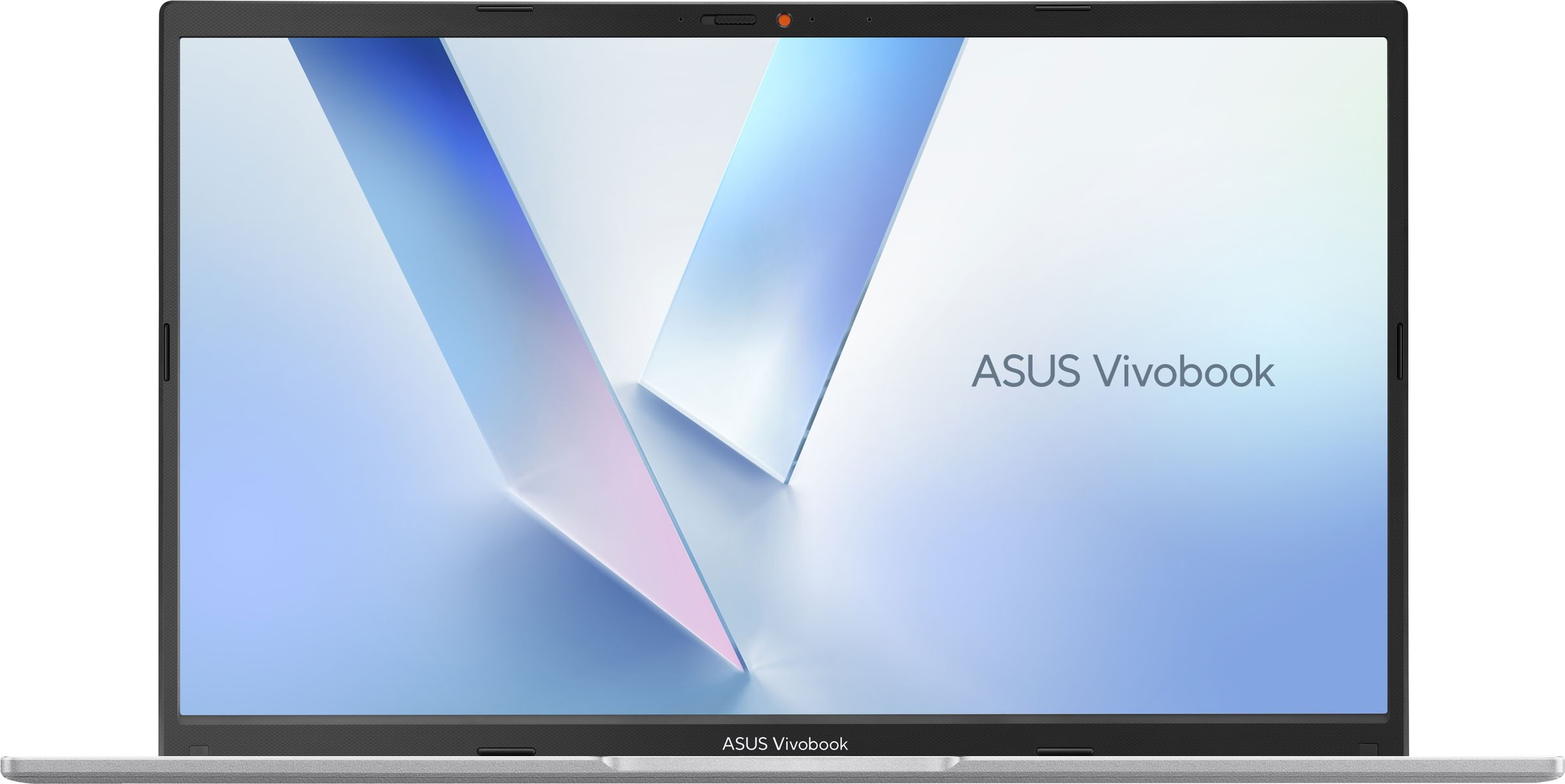 Un portátil Asus Vivobook plateado con un fondo abstracto azul y blanco en pantalla.