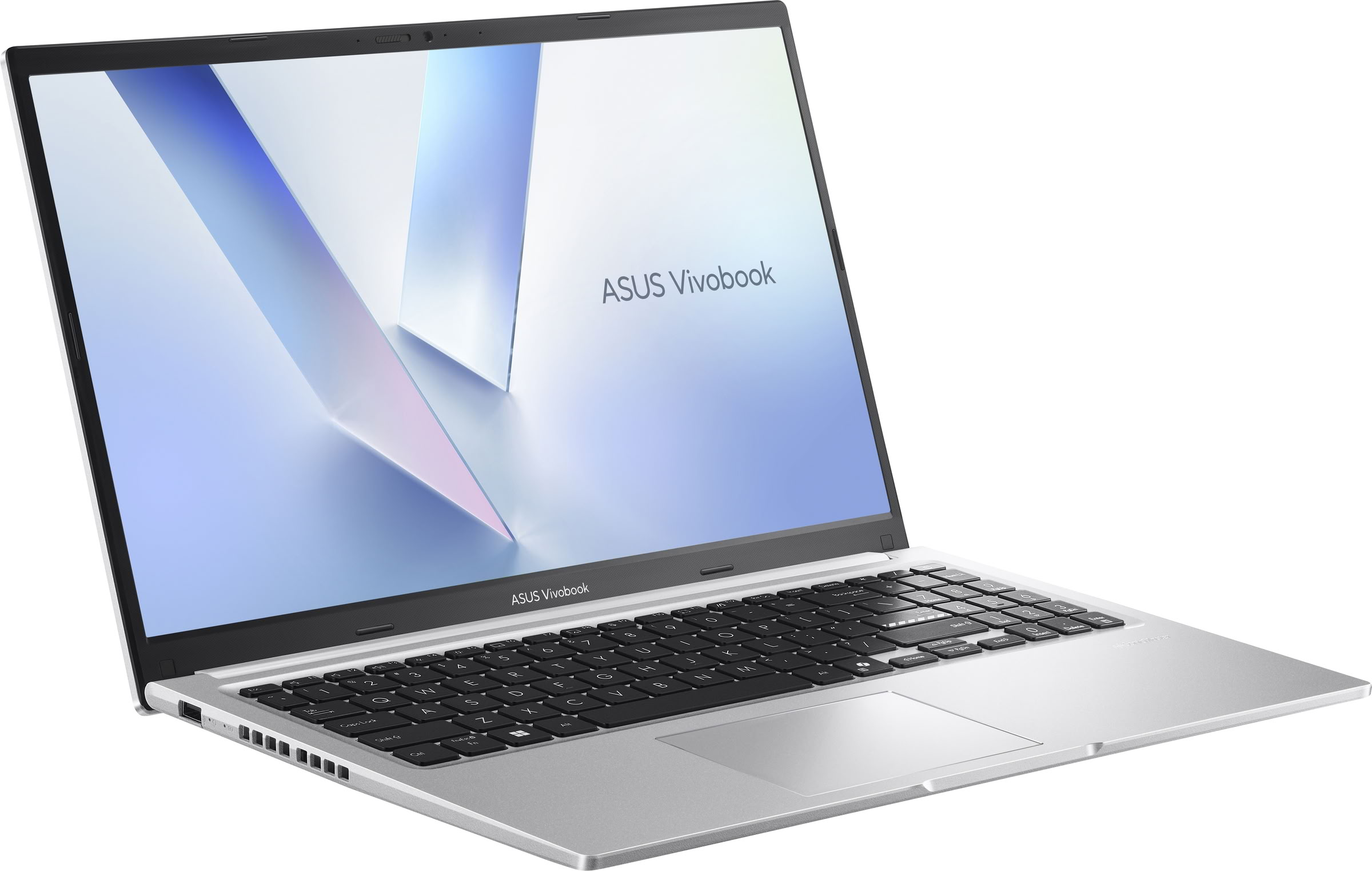 Portátil ASUS Vivobook plateado con teclado y pantalla, sobre fondo blanco.