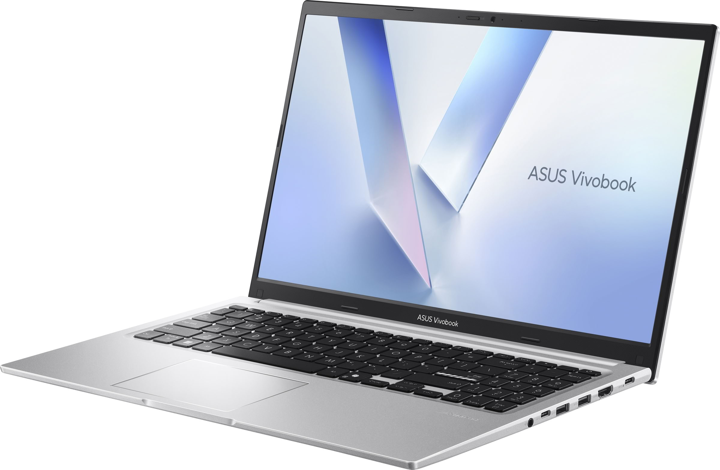 Un portátil ASUS Vivobook plateado con teclado y pantalla iluminada.