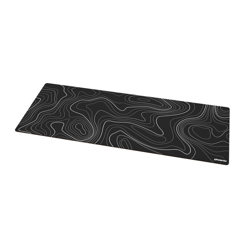 Alfombrilla de ratón negra con patrón topográfico blanco y logo Phoenix.