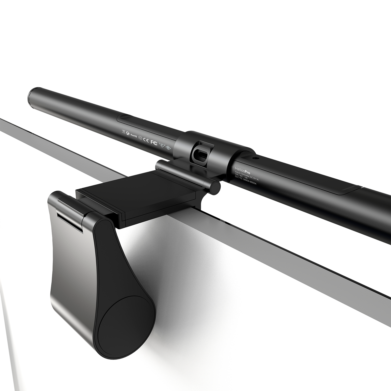Una lámpara negra para monitor con soporte en una pantalla blanca.