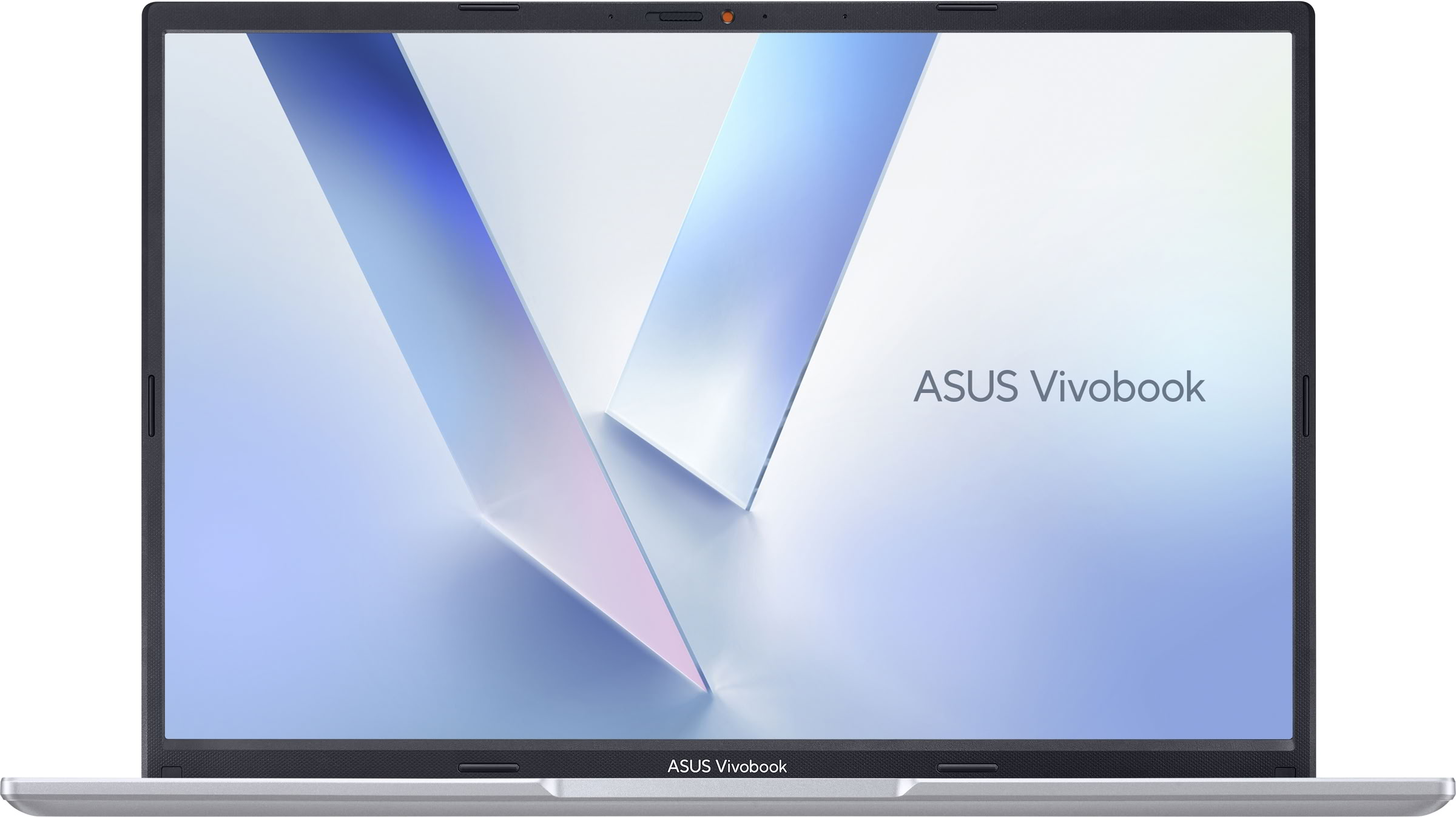 Portátil Asus Vivobook plateado con fondo azul abstracto.