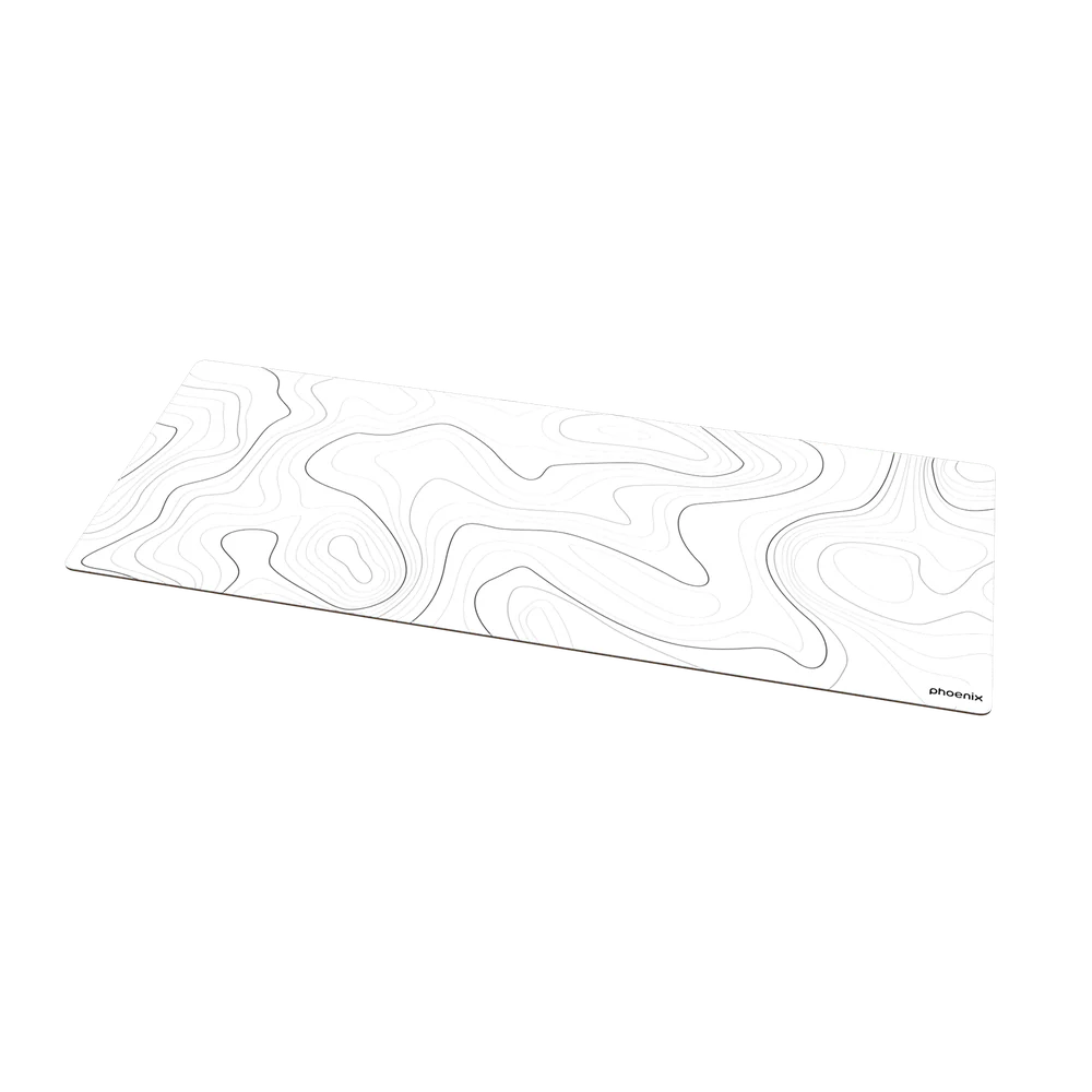 Alfombrilla blanca con líneas topográficas negras y logo de Phoenix.