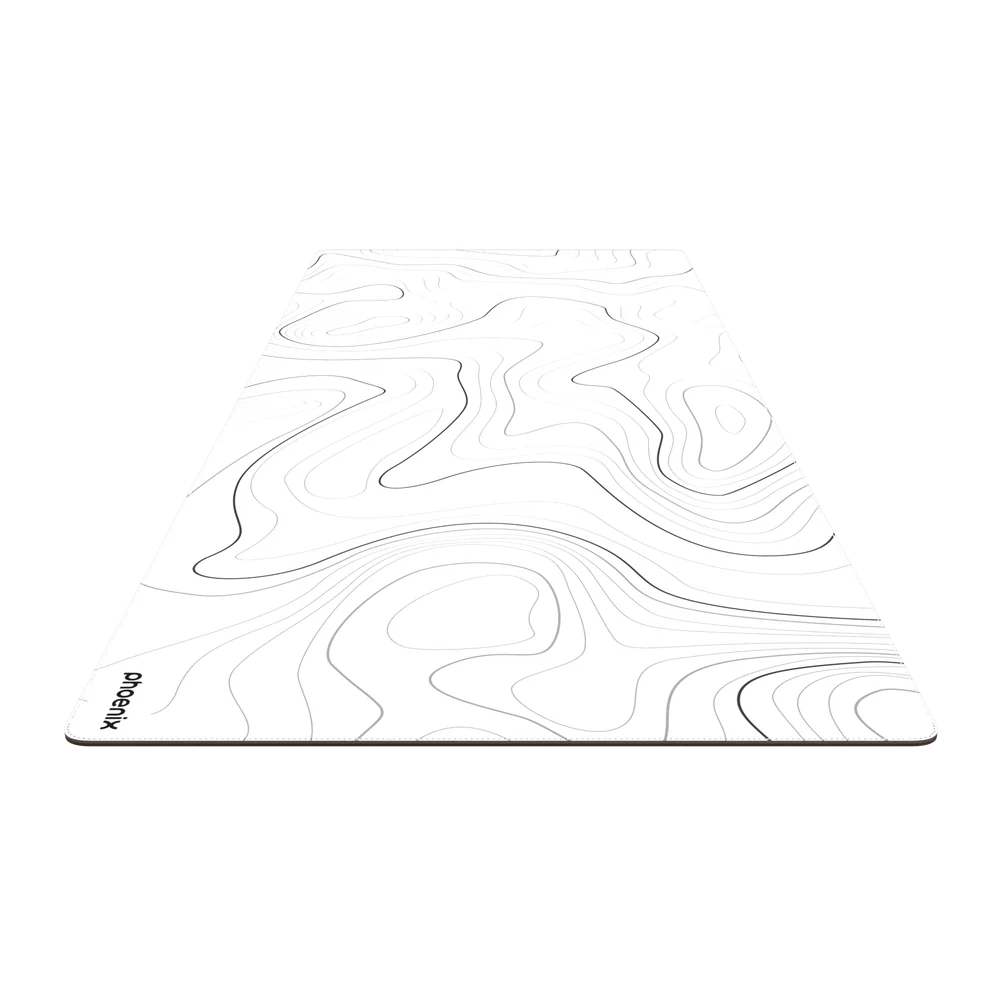 Una alfombrilla blanca con líneas topográficas negras y grises formando un patrón.