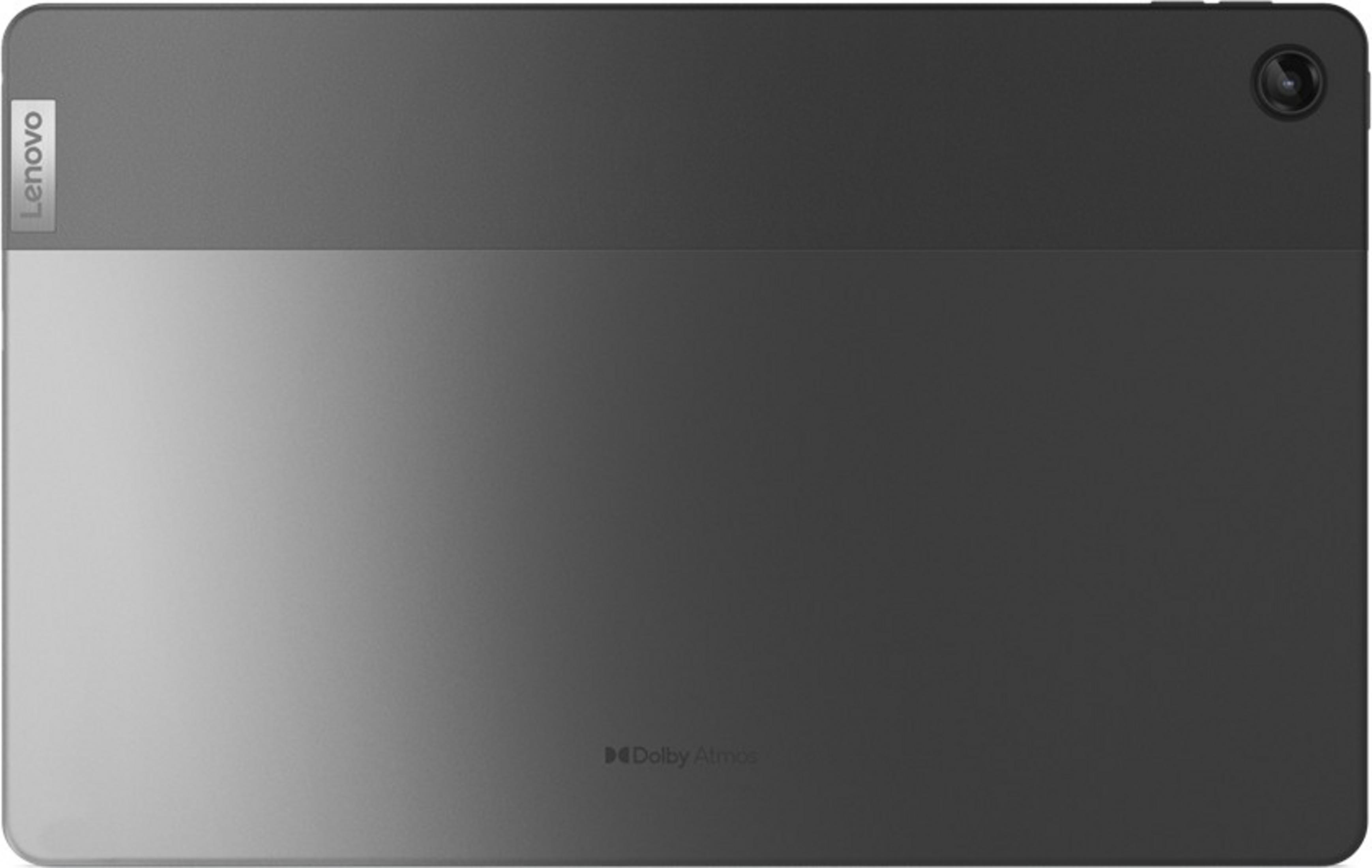 Rückseite eines grauen Lenovo Tablets mit Kamera und Dolby Atmos Logo.