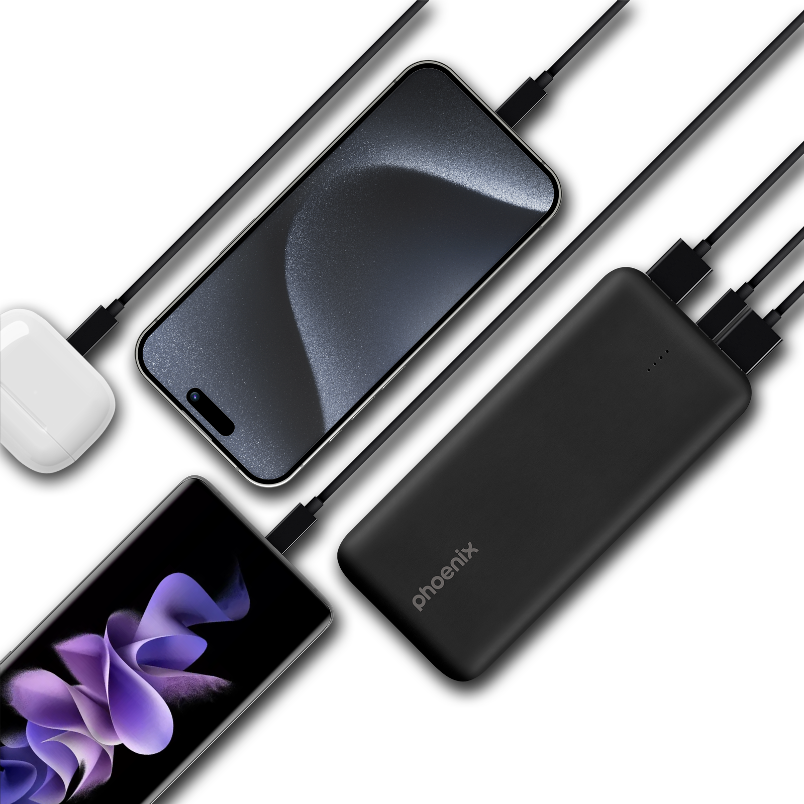 Un power bank negro carga dos smartphones y un estuche de carga blanco.