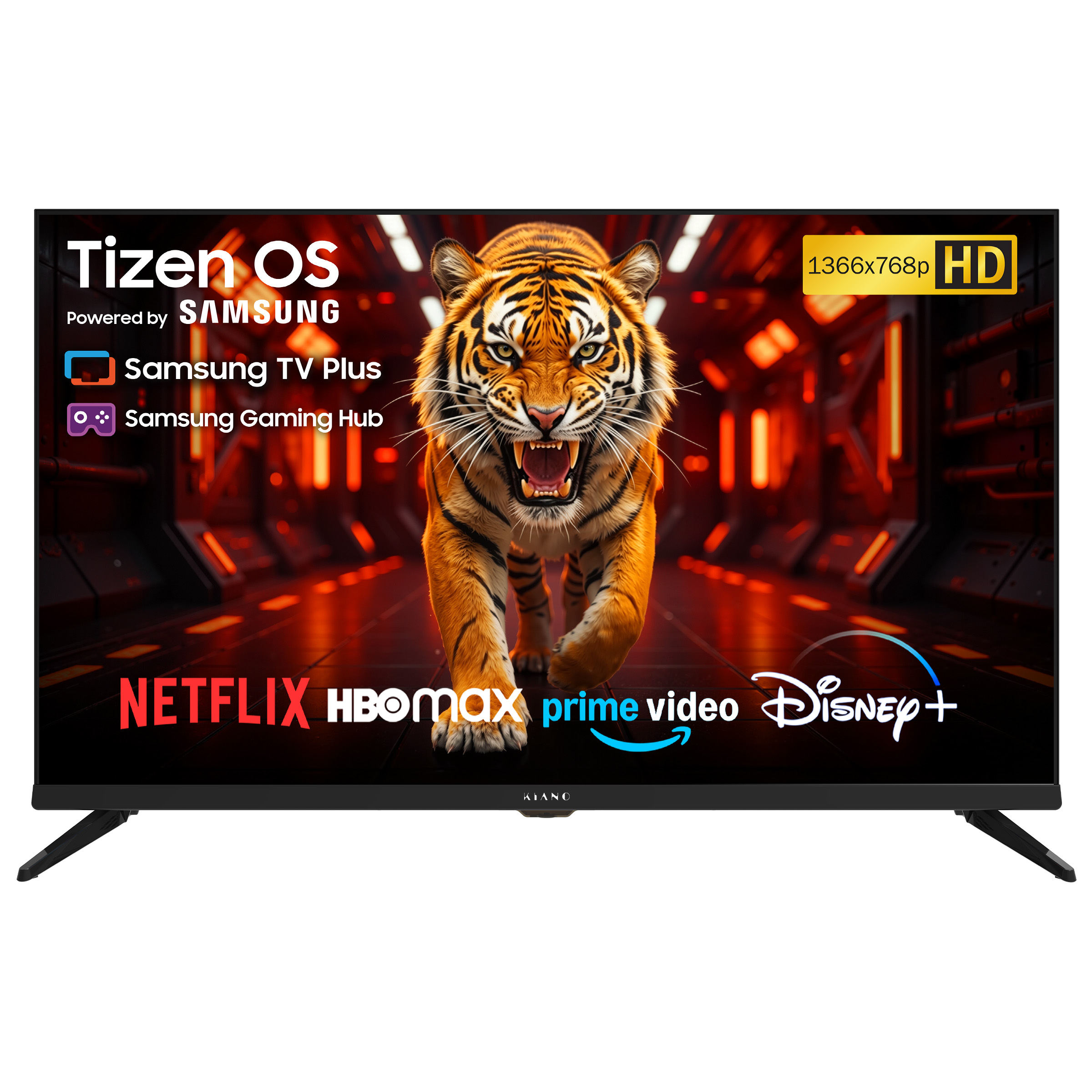 Telewizor wyświetla tygrysa i usługi streamingowe. Rozdzielczość HD.