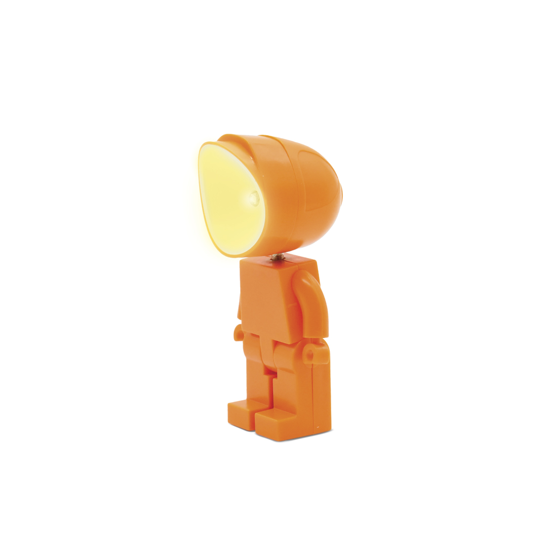 Lampada robot arancione con testa luminosa.