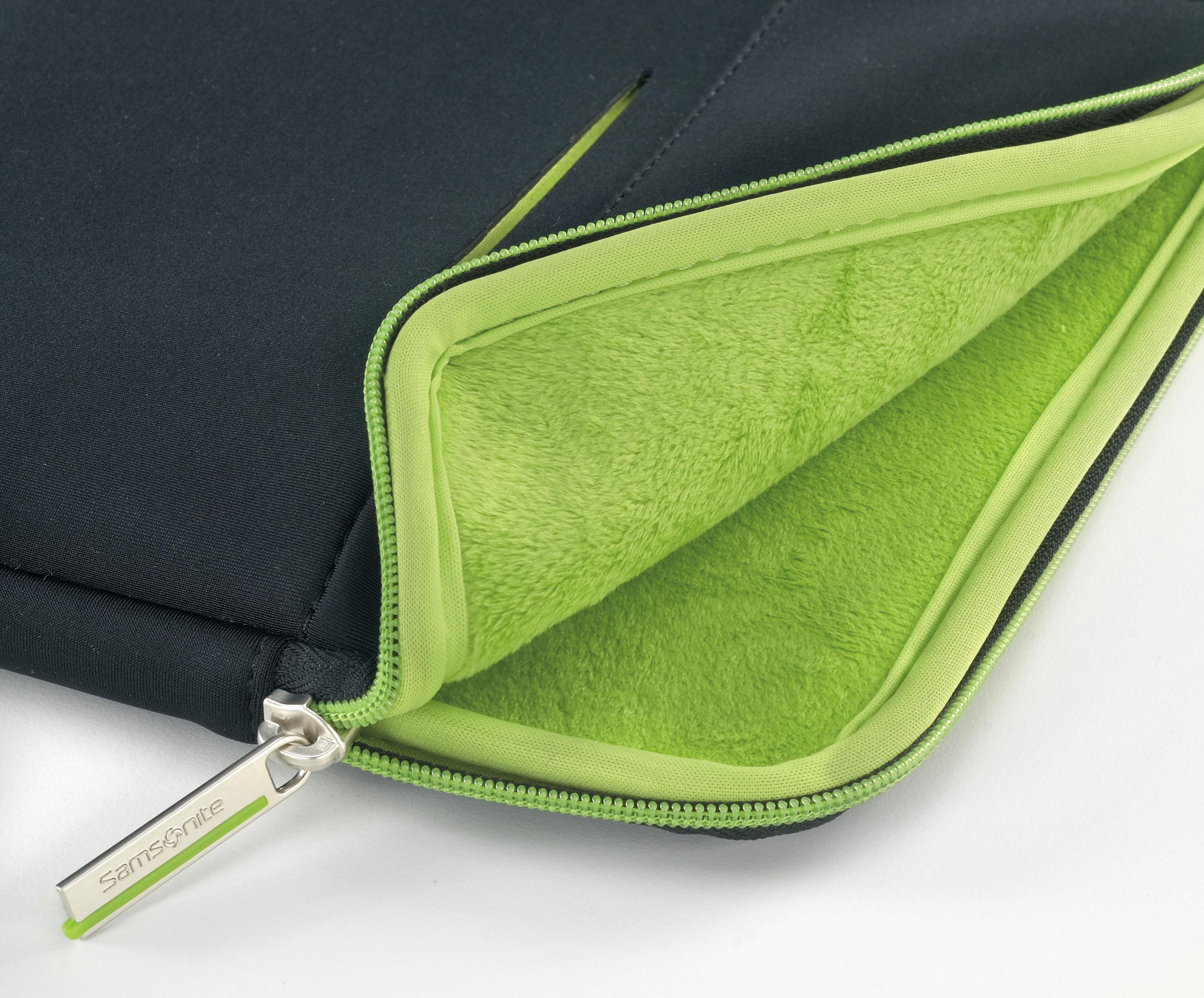 Custodia nera per laptop con fodera verde brillante e cerniera. Logo Samsonite.