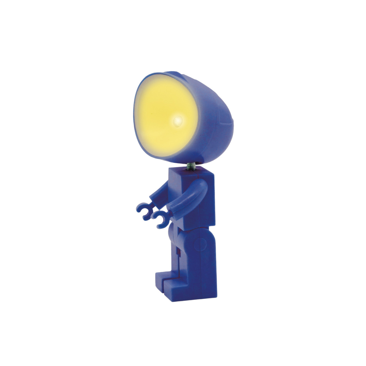 Una lampada da scrivania robot blu con luce gialla che brilla su sfondo bianco.
