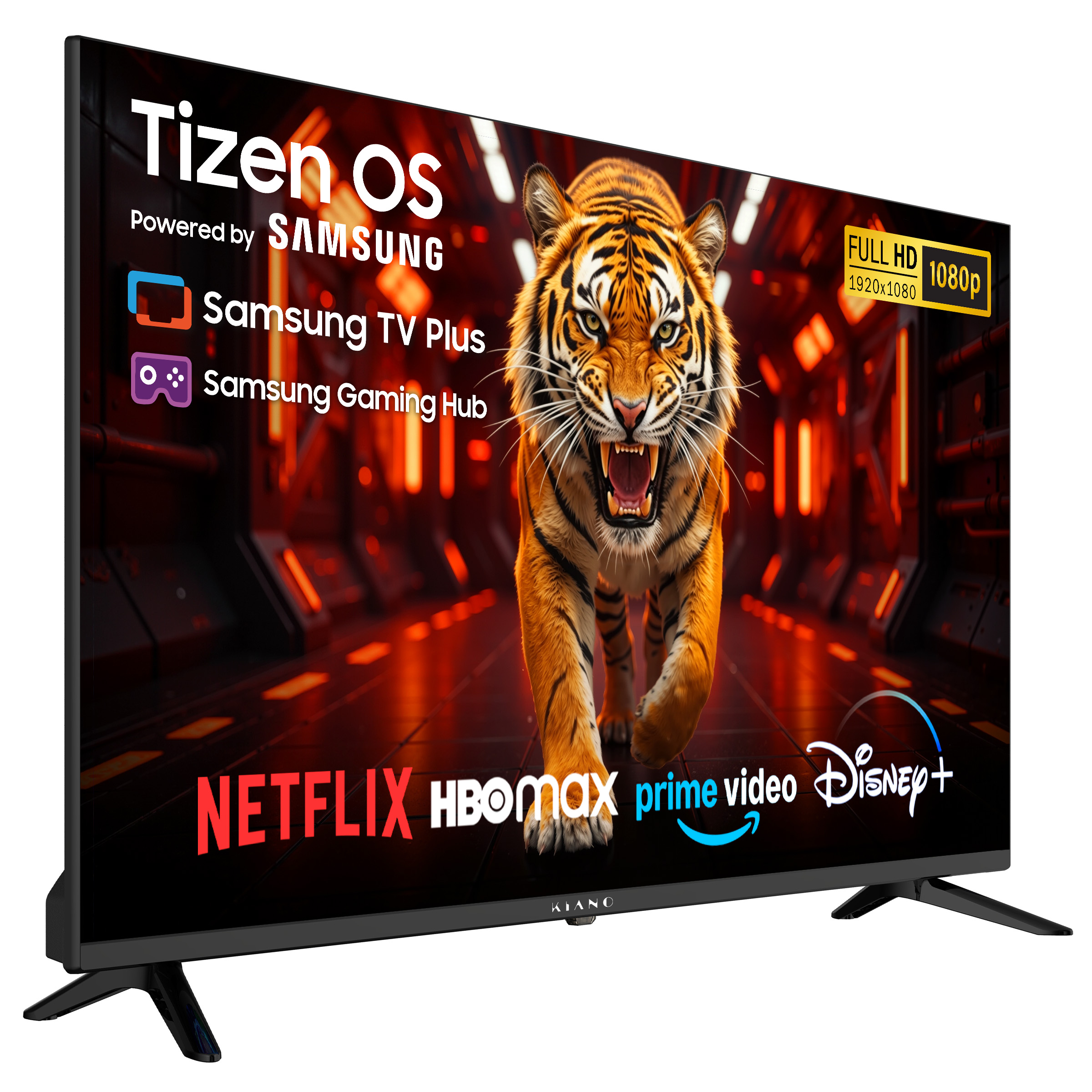 Telewizor z Tizen OS, prezentujący tygrysa i logotypy serwisów streamingowych.