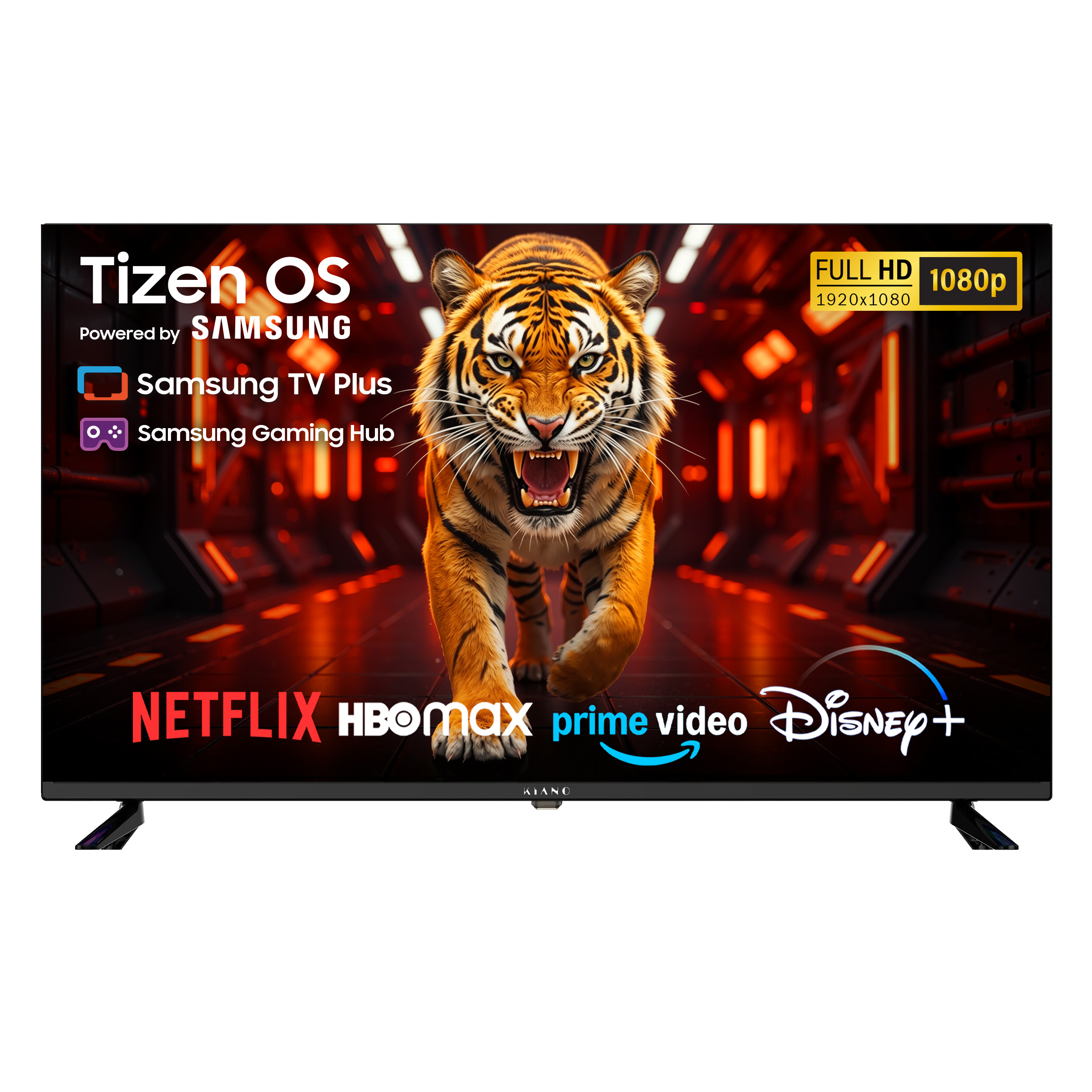 Telewizor wyświetla tygrysa z otwartym pyskiem, usługi streamingowe i Tizen OS.