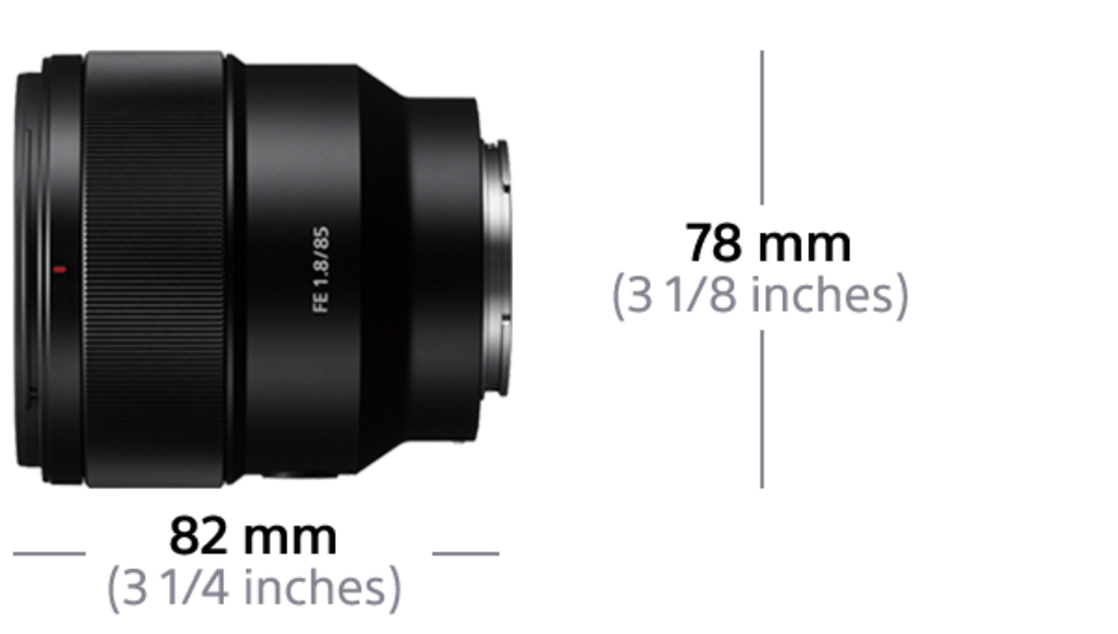 Un lente de cámara negro con etiqueta FE 1.8/85 y dimensiones.