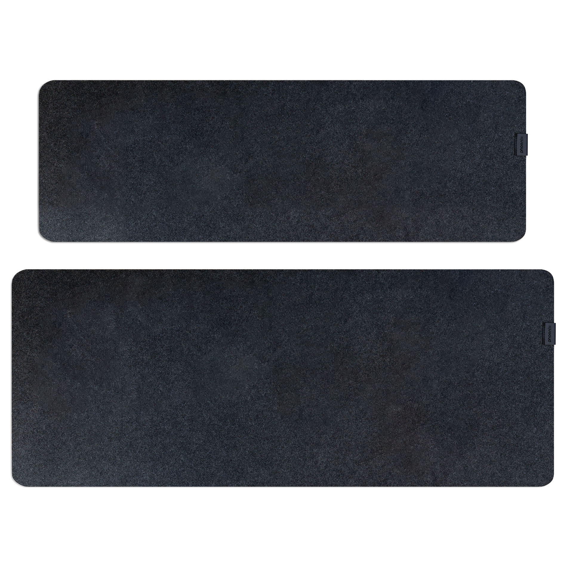 Dos alfombrillas rectangulares gris oscuro con esquinas redondeadas.
