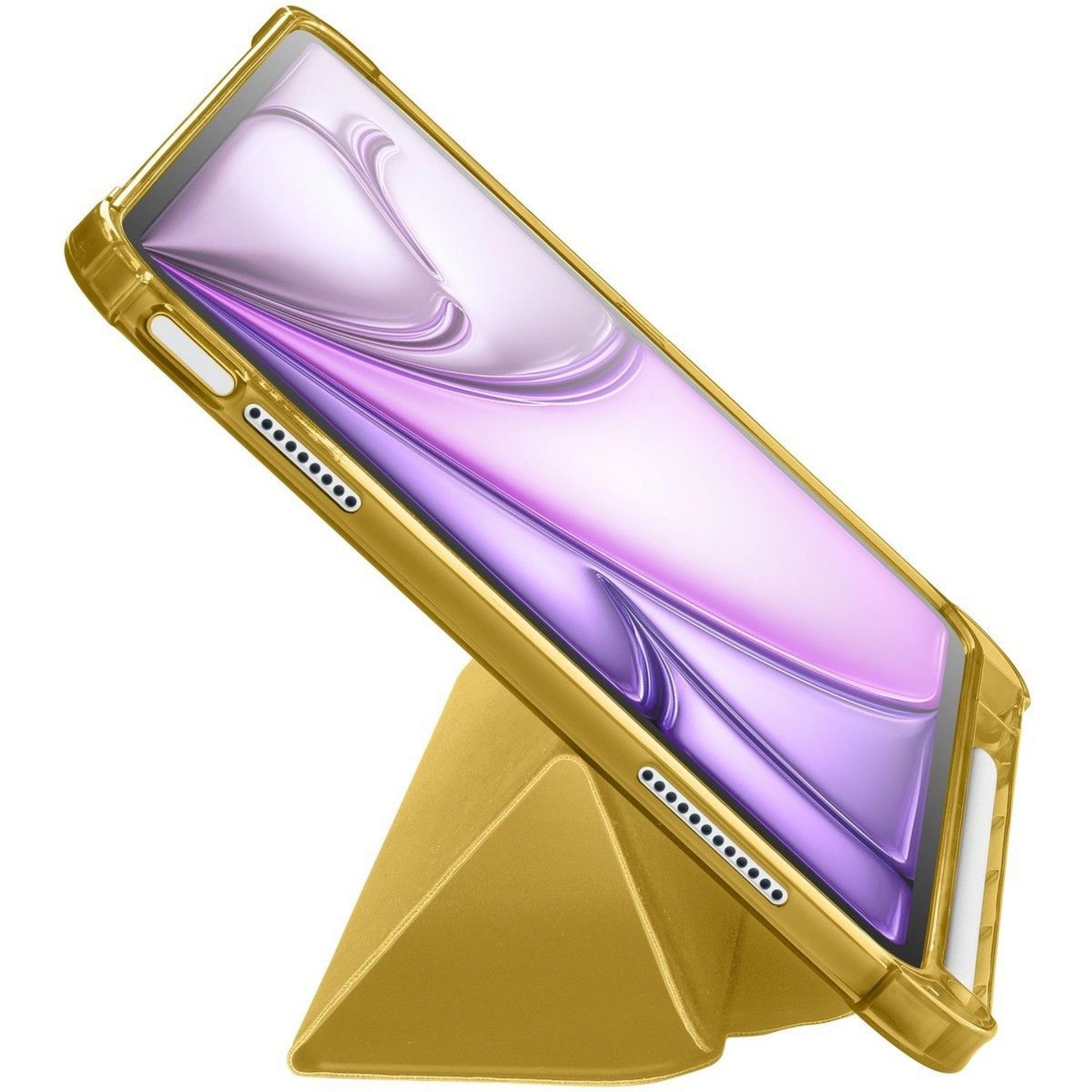 Étui doré pour tablette avec support et fond violet.