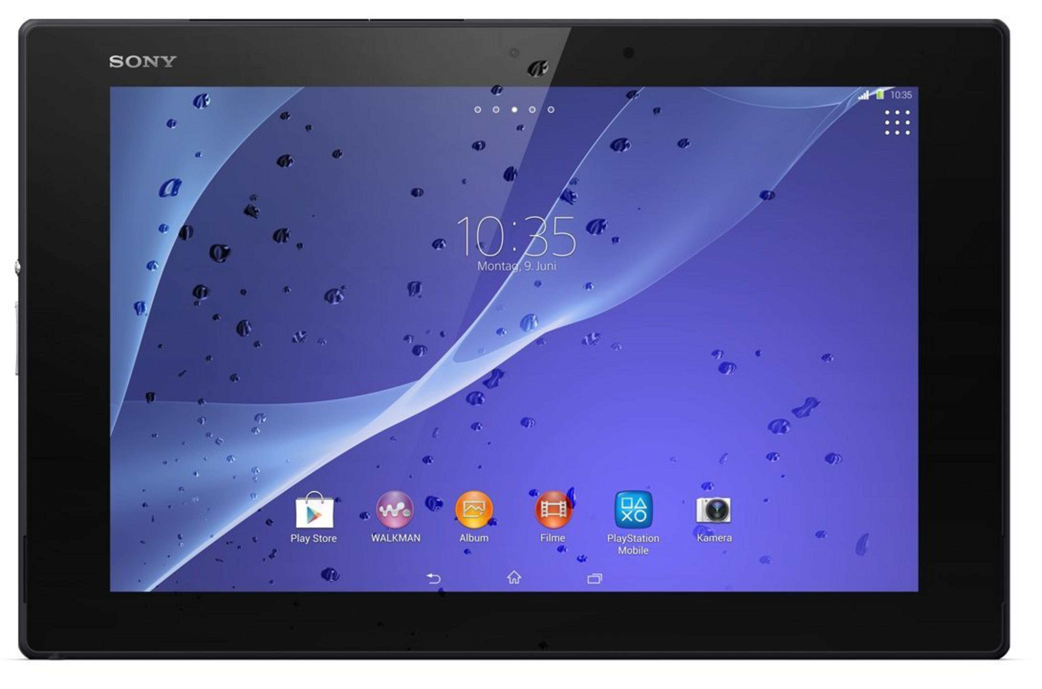 Ein schwarzes Sony Tablet mit blauem Hintergrund und Wassertropfen.