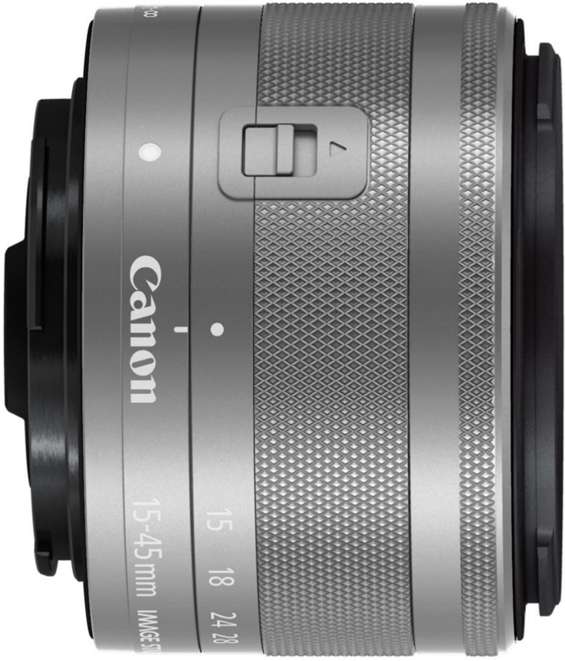 Silberne Canon 15-45mm Objektiv mit strukturierter Griff und Zoommarkierungen.