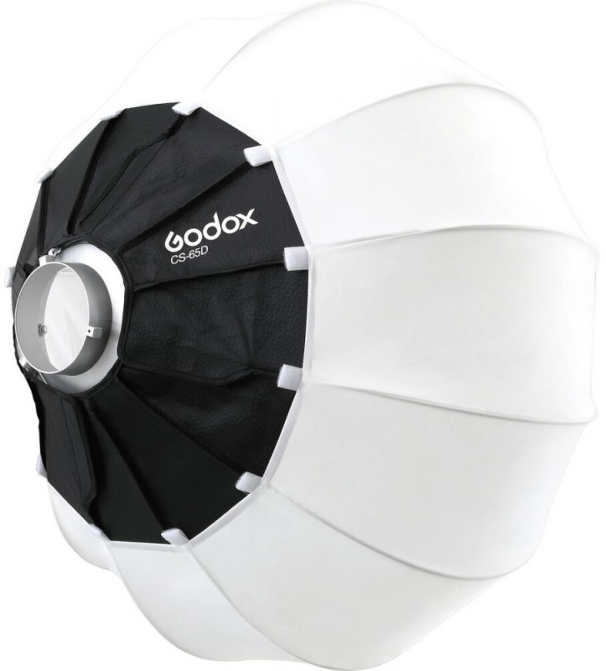 Ein Godox CS-65D Softbox-Lichtformer mit schwarzem und weißem Stoff, weißer Hintergrund.