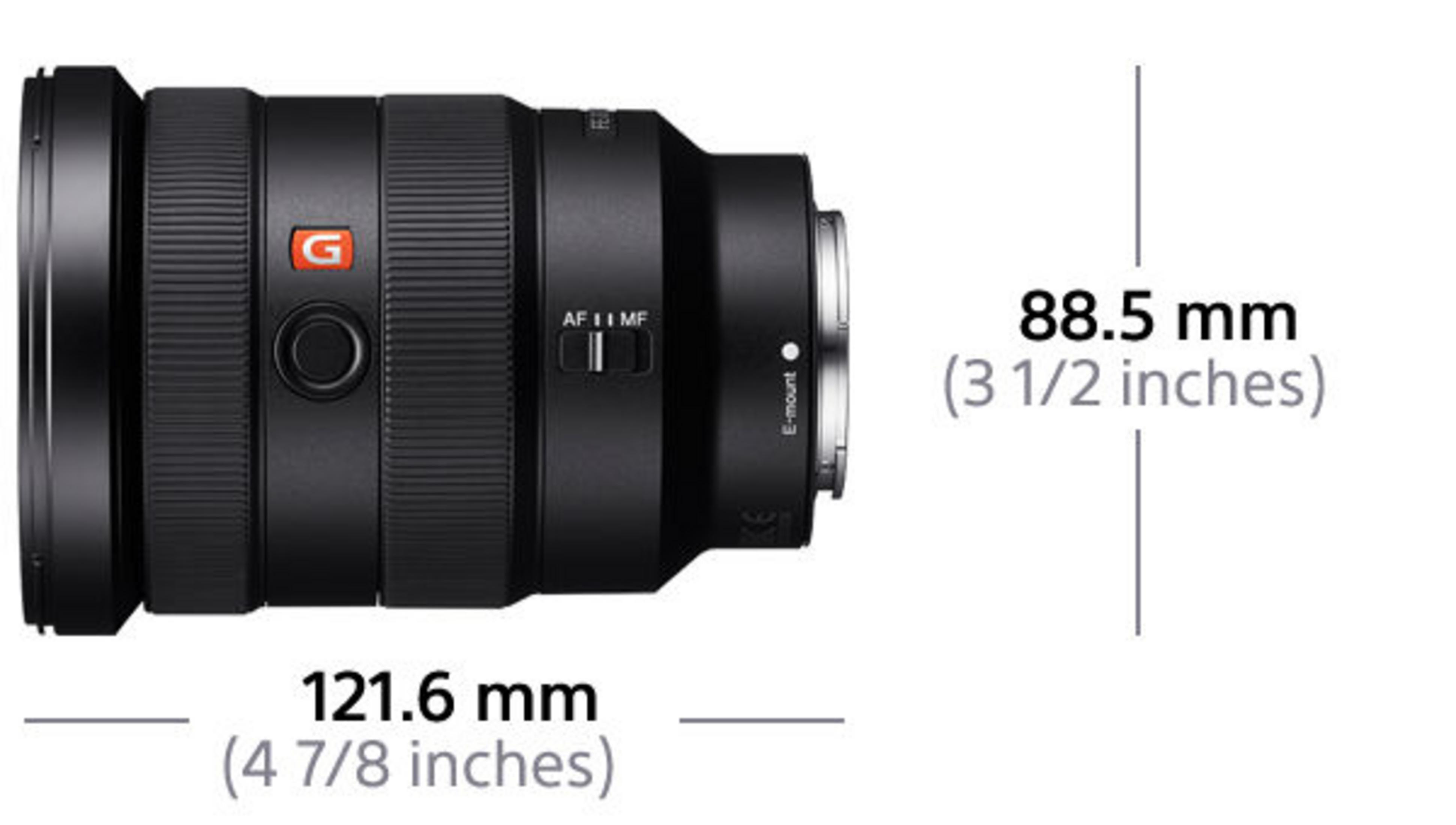 Objectif noir avec logo "G", commutateur AF/MF et dimensions 121,6 mm et 88,5 mm.