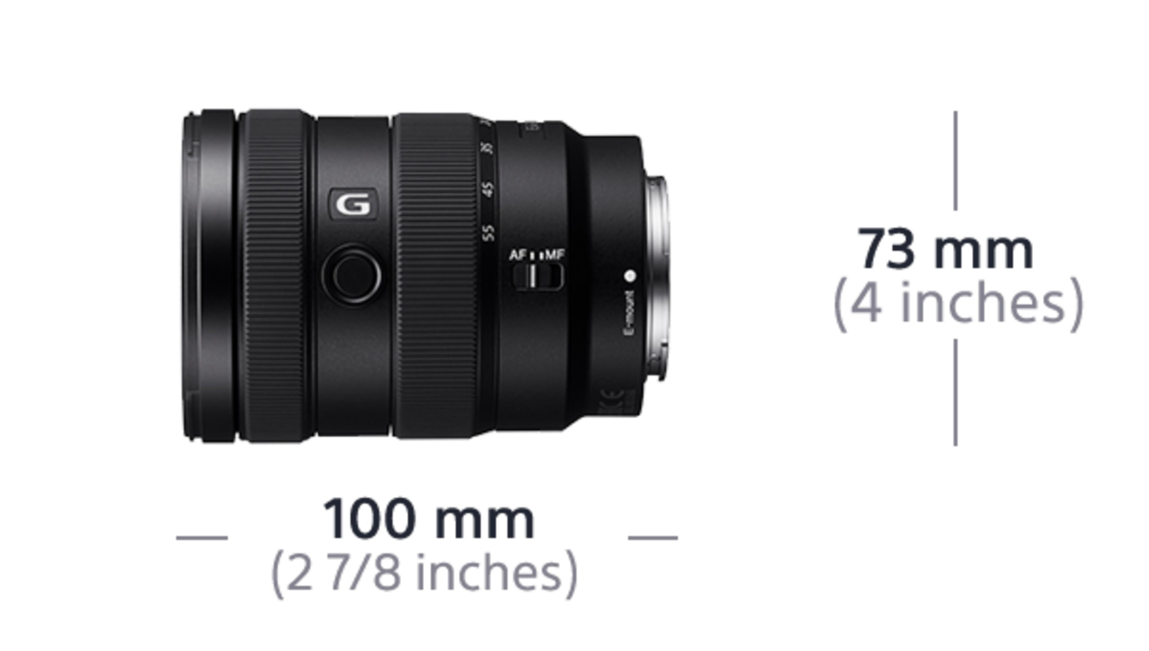 Lente de cámara negra con dimensiones: 100 mm de largo, 73 mm de diámetro.