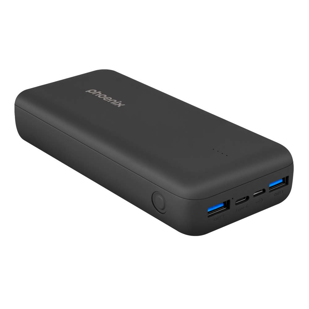 Batería externa Phoenix negra con dos puertos USB-A y un puerto USB-C.