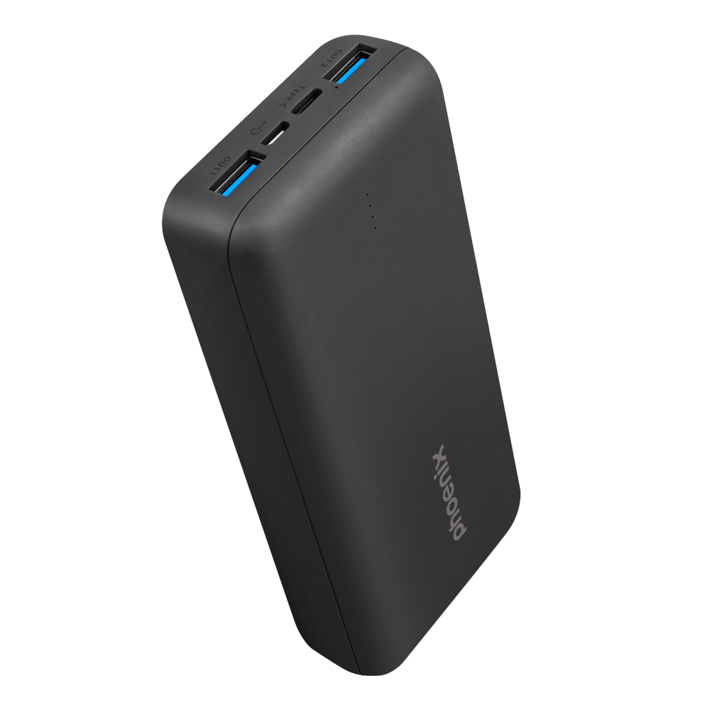 Batería externa negra con logo Phoenix, dos puertos USB-A y un USB-C.