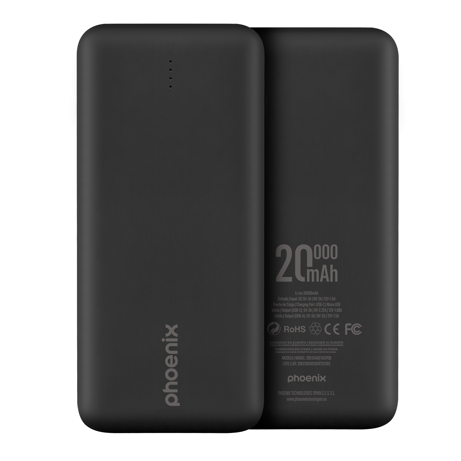 Power bank negra de 20000mAh con logo Phoenix y cuatro luces.
