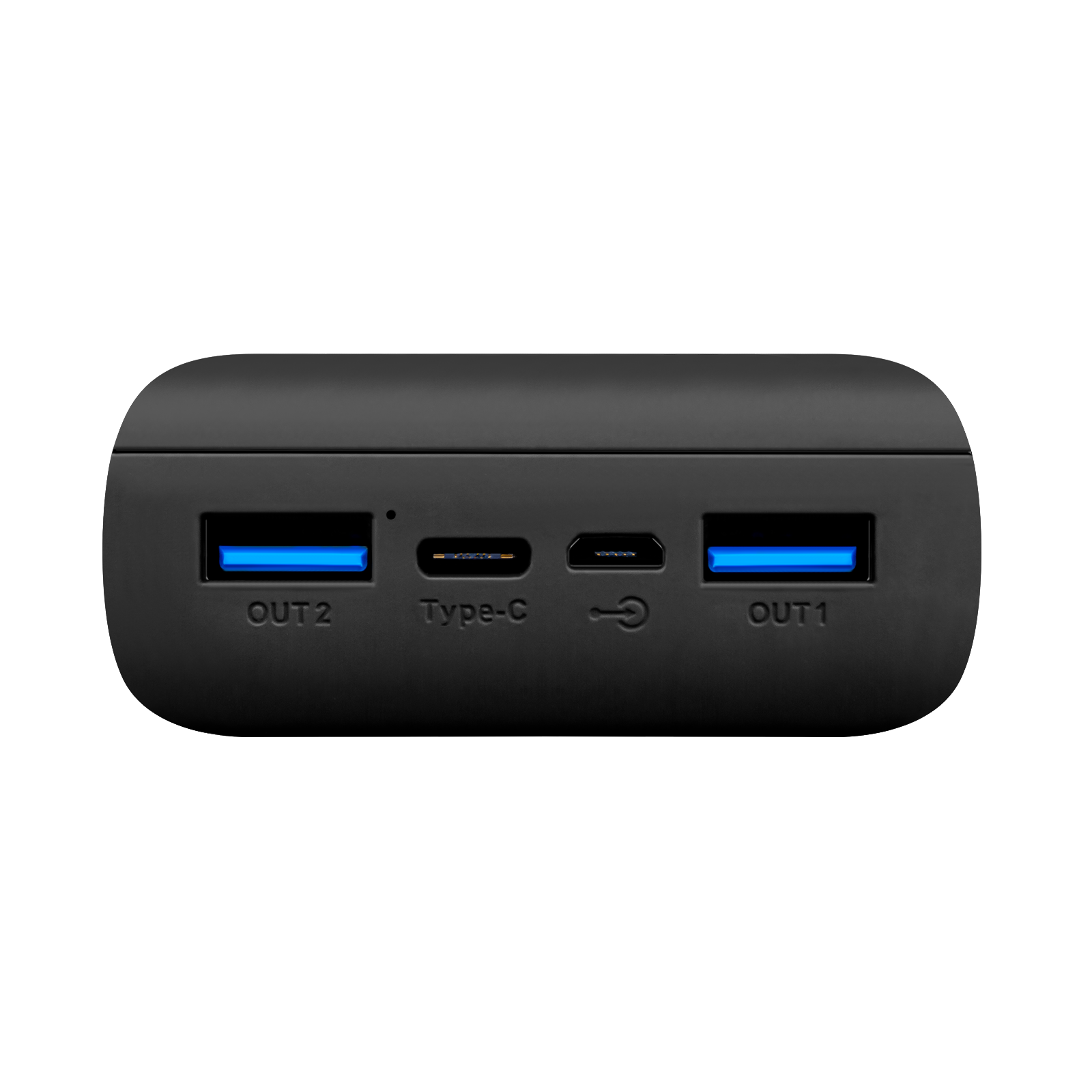 Batería externa negra con dos salidas USB-A y un puerto USB-C.