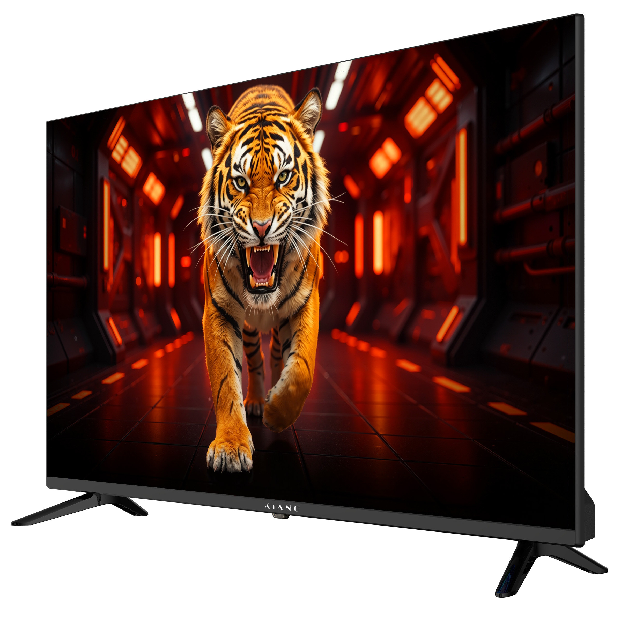 Tygrys ryczy w neonowym korytarzu, wyświetlany na nowoczesnym telewizorze.