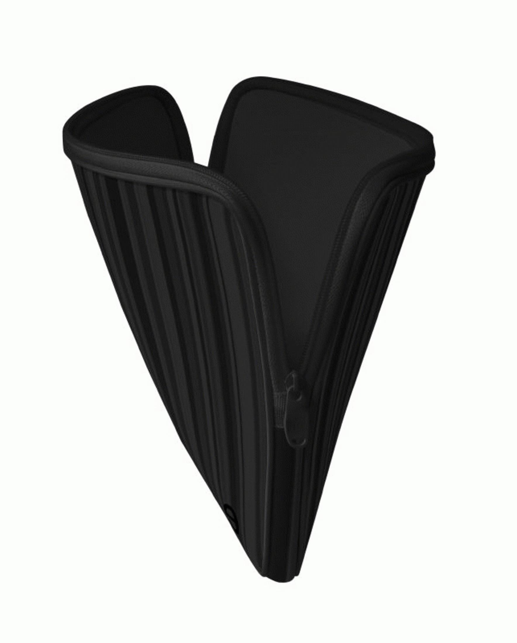 Borsa nera con coste verticali e cerniera, aperta.