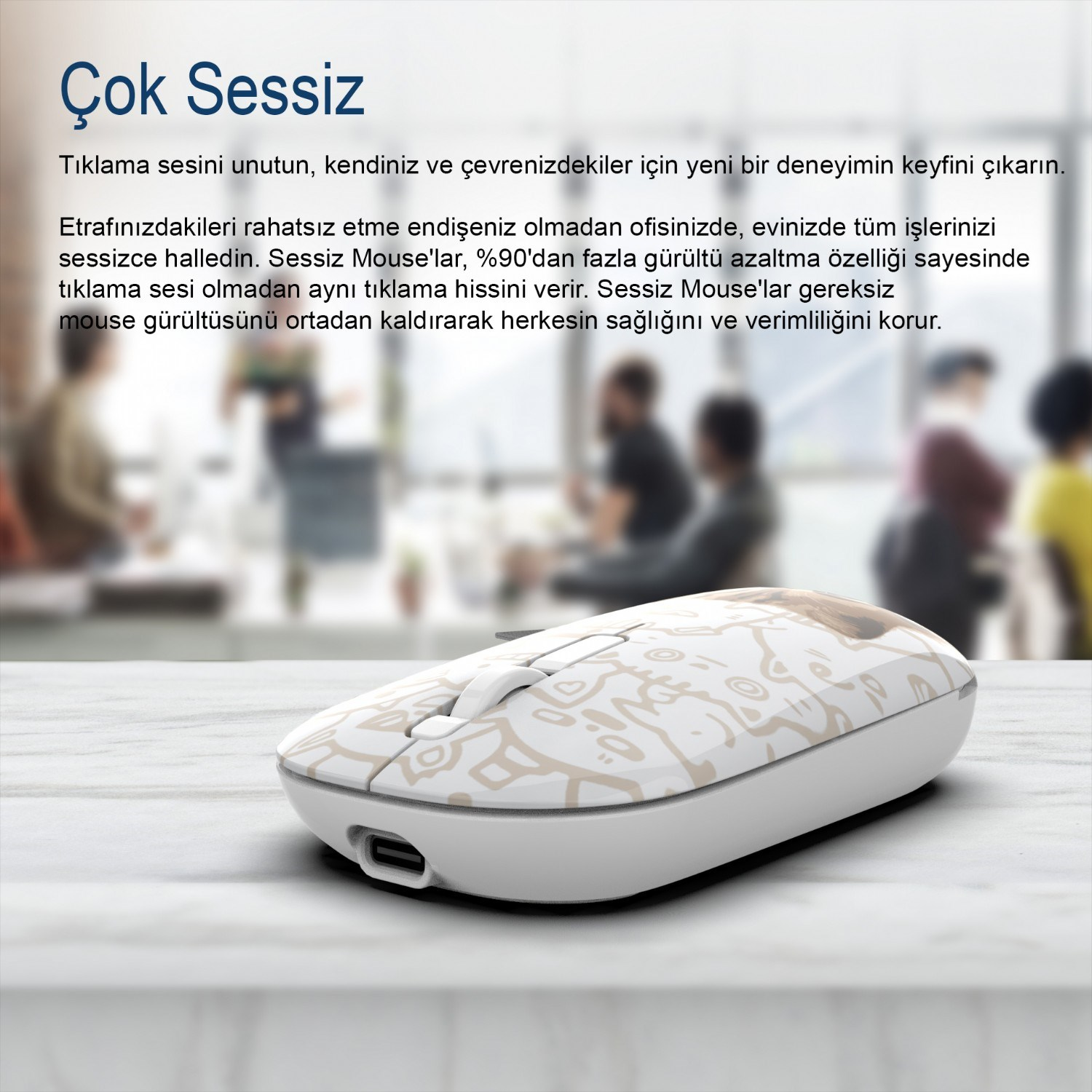 Biała mysz z beżowym wzorem na marmurowej powierzchni, rozmyte tło biura.