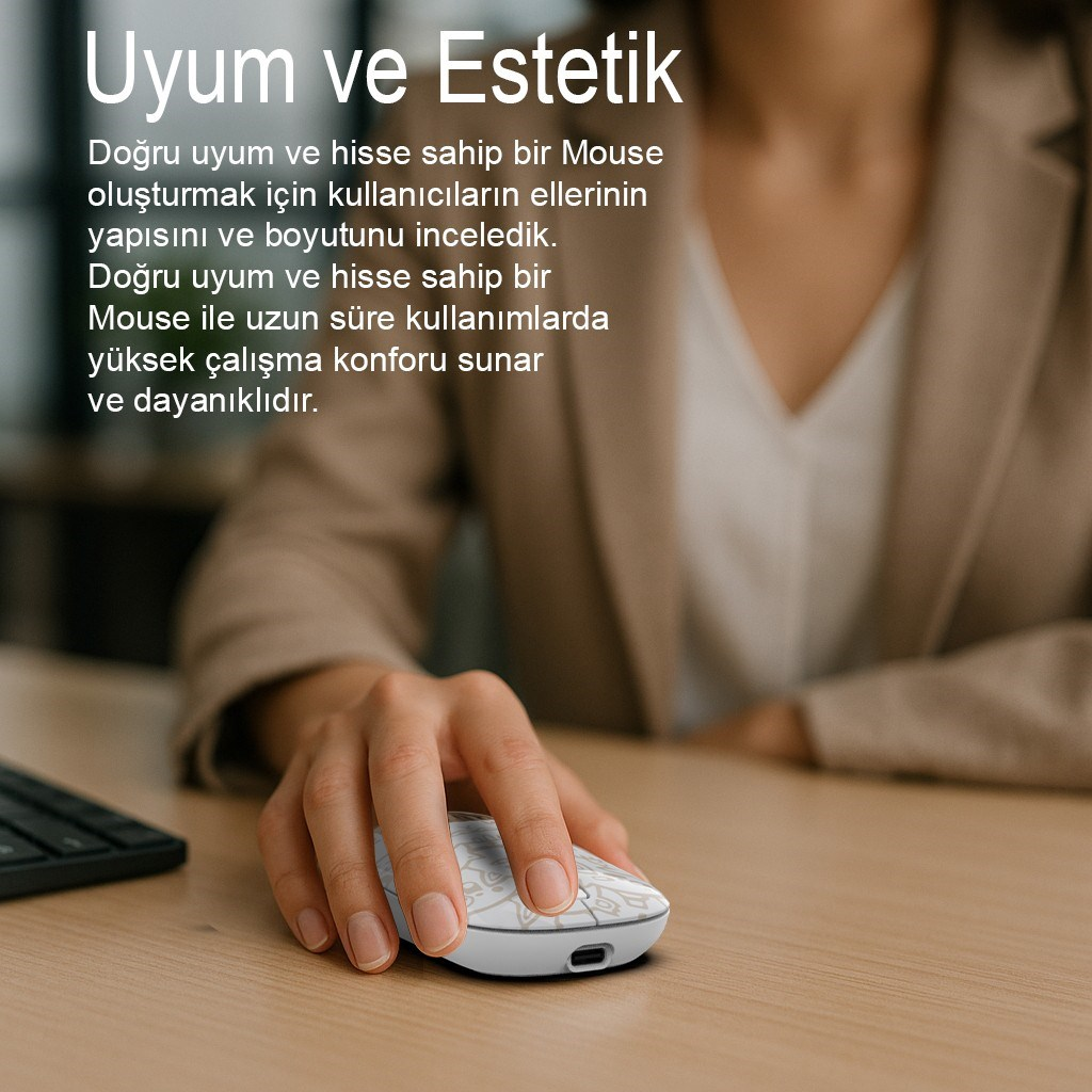 Dłoń obsługuje białą, wzorzystą mysz na drewnianym biurku.