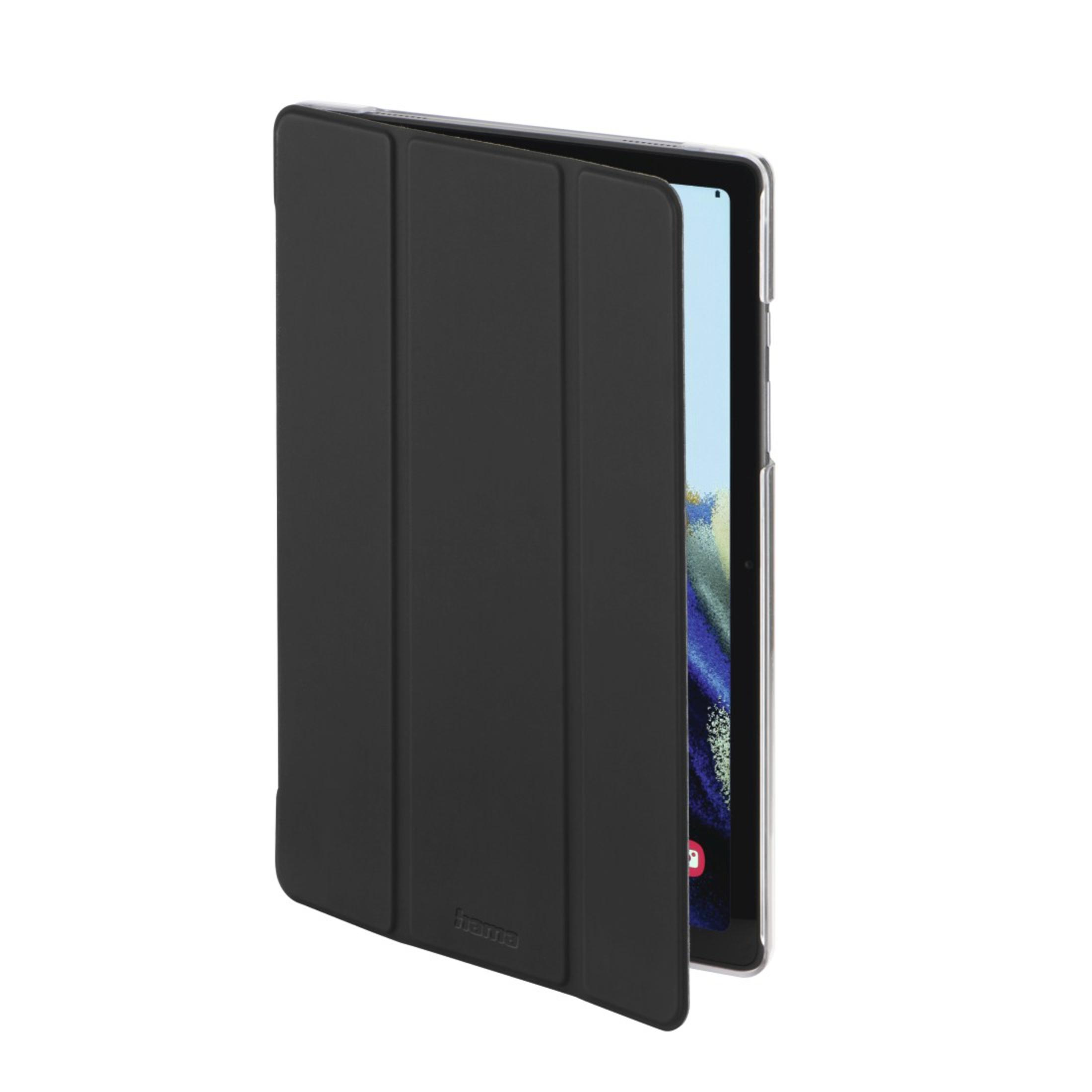 Ein schwarzes Tablet mit einer Hülle, die teilweise geöffnet ist.