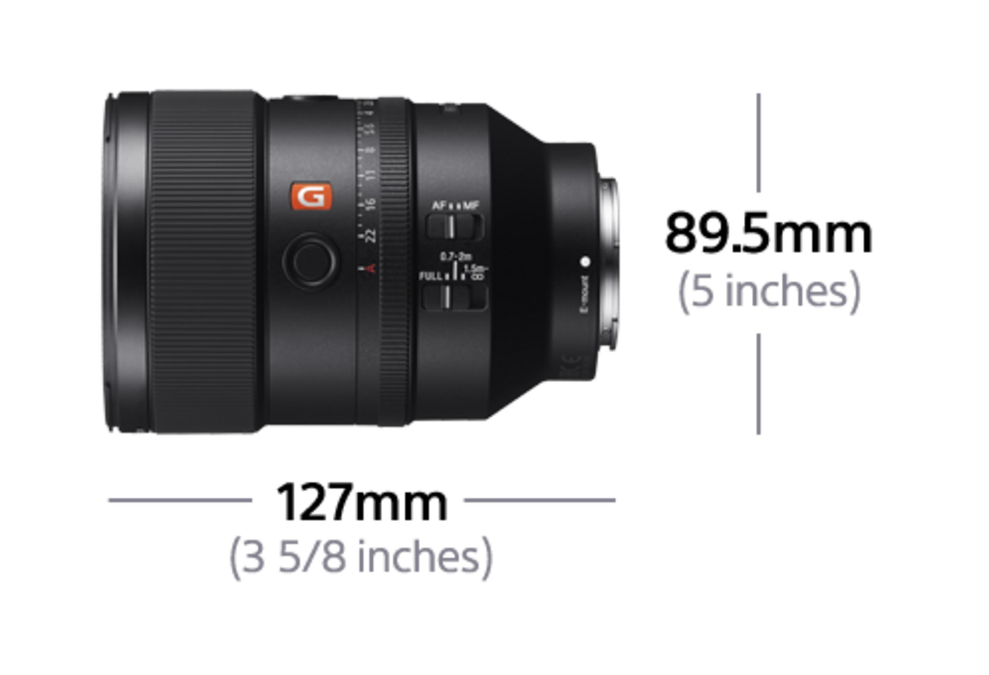 Obiektyw z etykietami i wskaźnikami rozmiaru: długość 127mm, średnica 89,5mm.