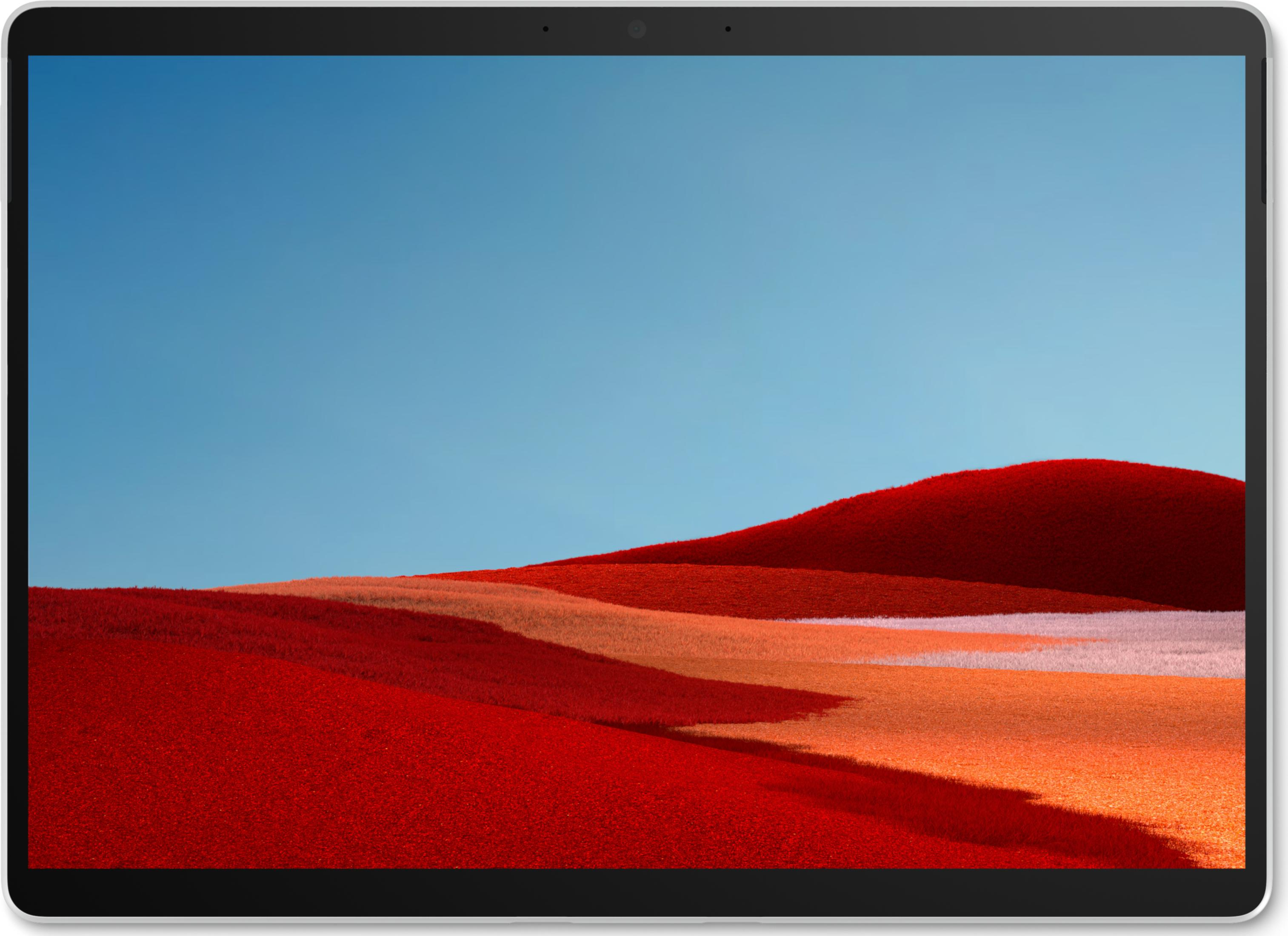 Rote und orangefarbene Hügel unter blauem Himmel, wie auf einem Tablet angezeigt.