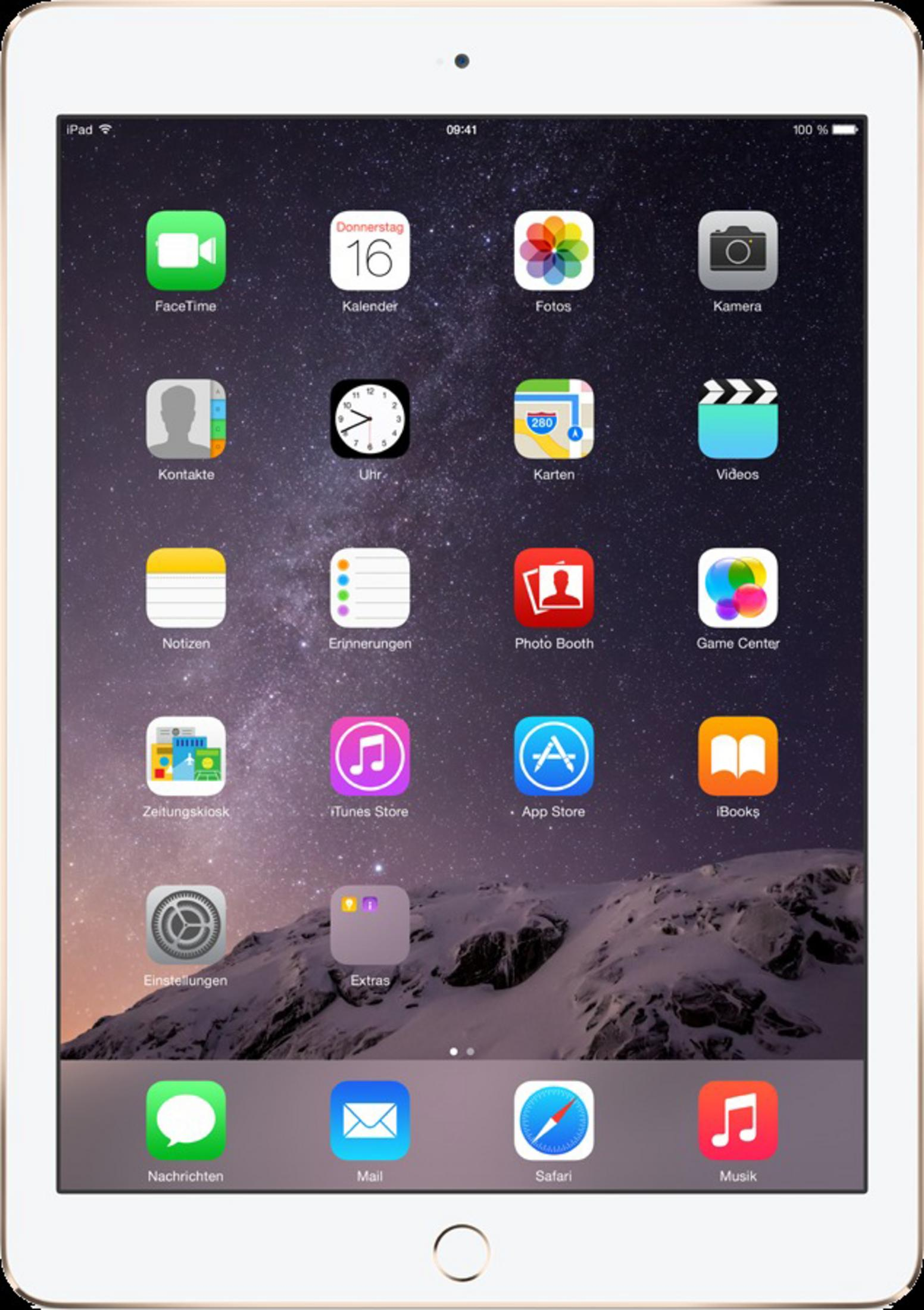Ein iPad mit einem Sternenhimmel-Hintergrund und vielen App-Symbolen.