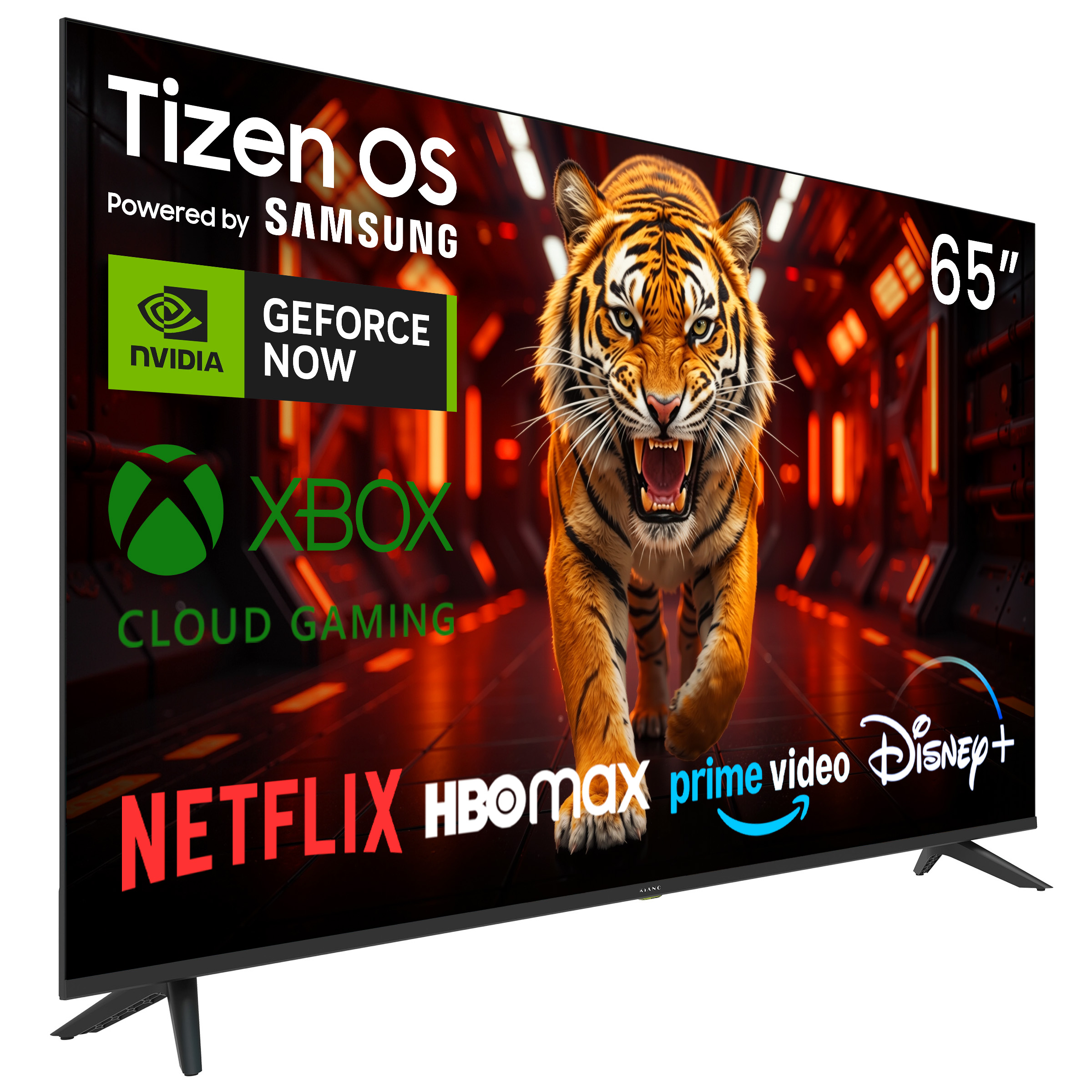 Telewizor Samsung 65 cali z Tizen OS, wyświetlający tygrysa i loga aplikacji.