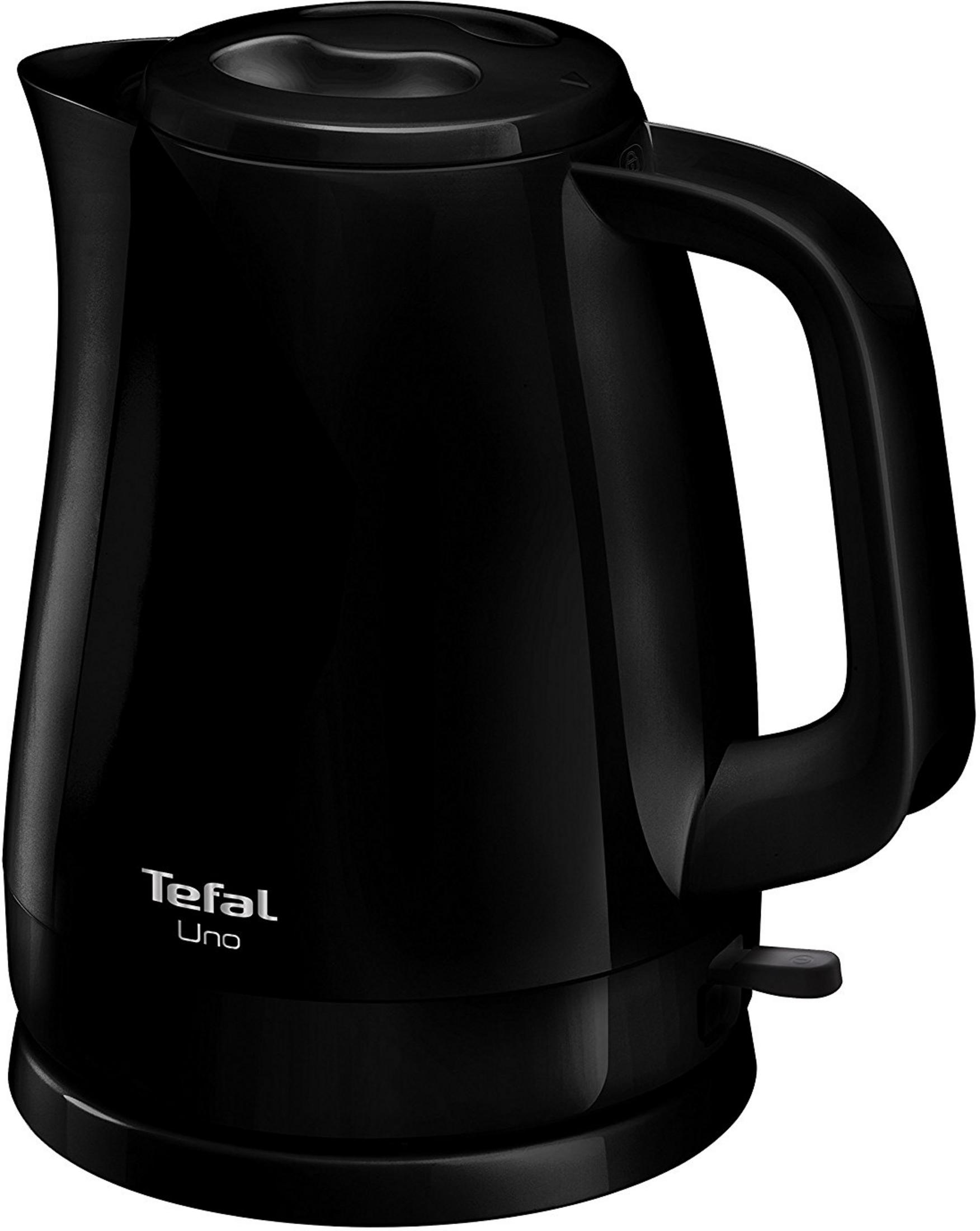 Schwarzer Tefal Wasserkocher mit Griff und Deckel.