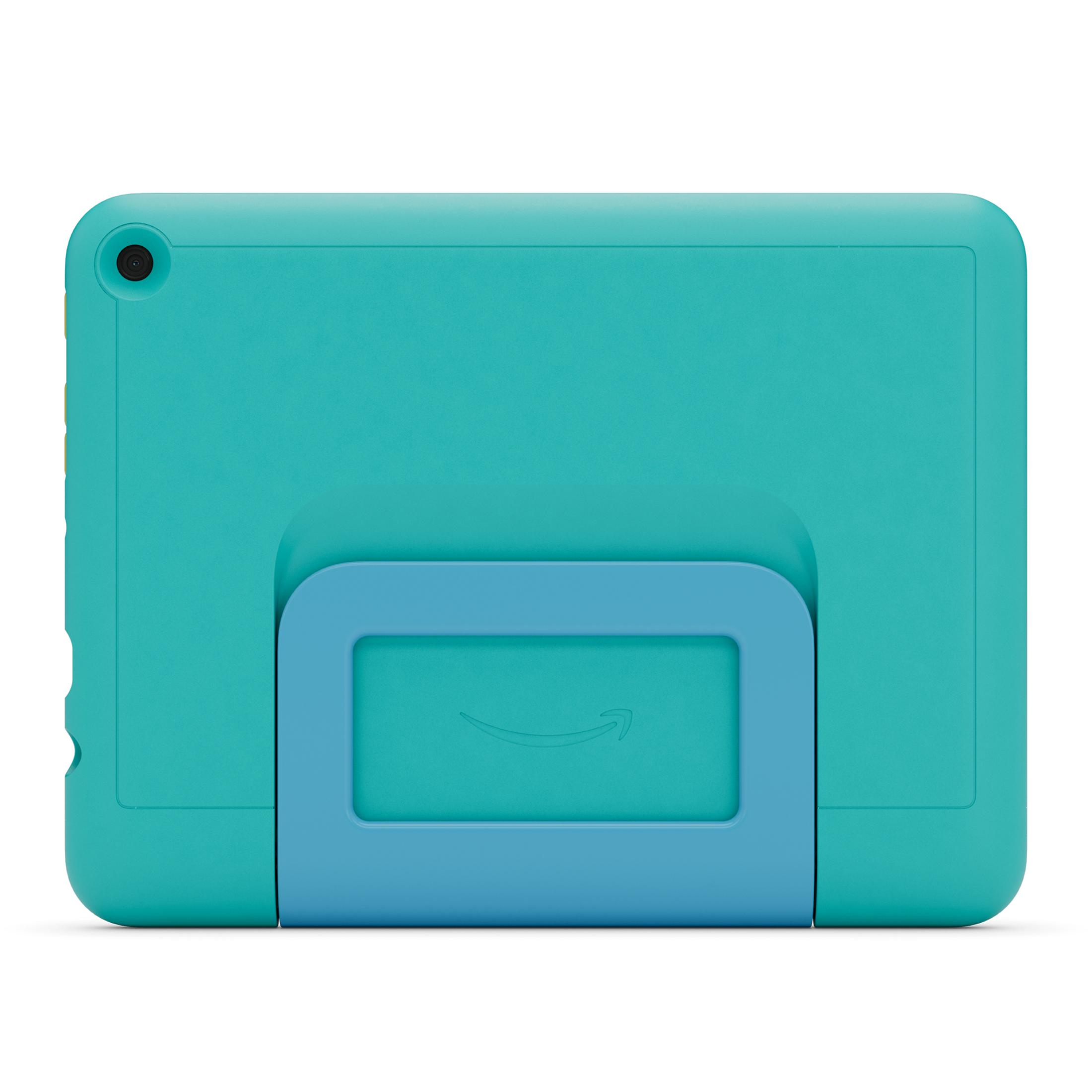 Türkisblaues Tablet mit blauem Ständer und Amazon-Logo.