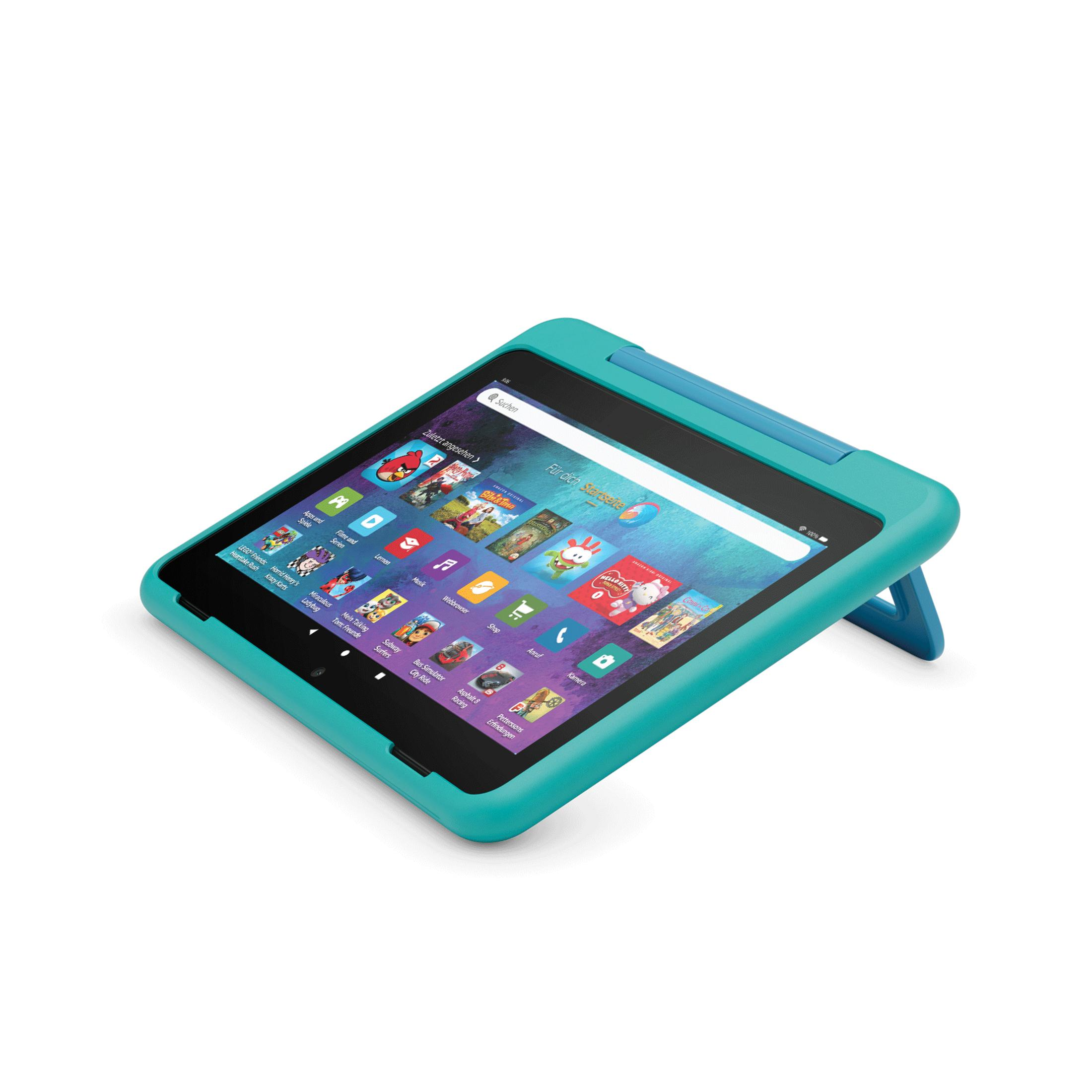 Ein türkisfarbener Tablet-Ständer mit Apps auf dem Bildschirm.