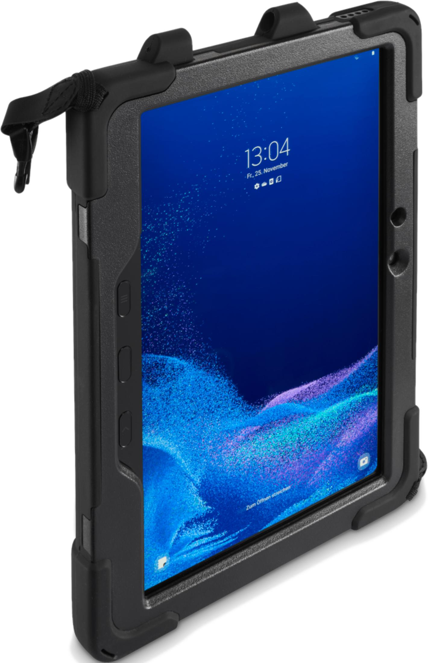 Robustes schwarzes Tablet mit stilisertem blauen Hintergrundbild und Ladeanschluss.