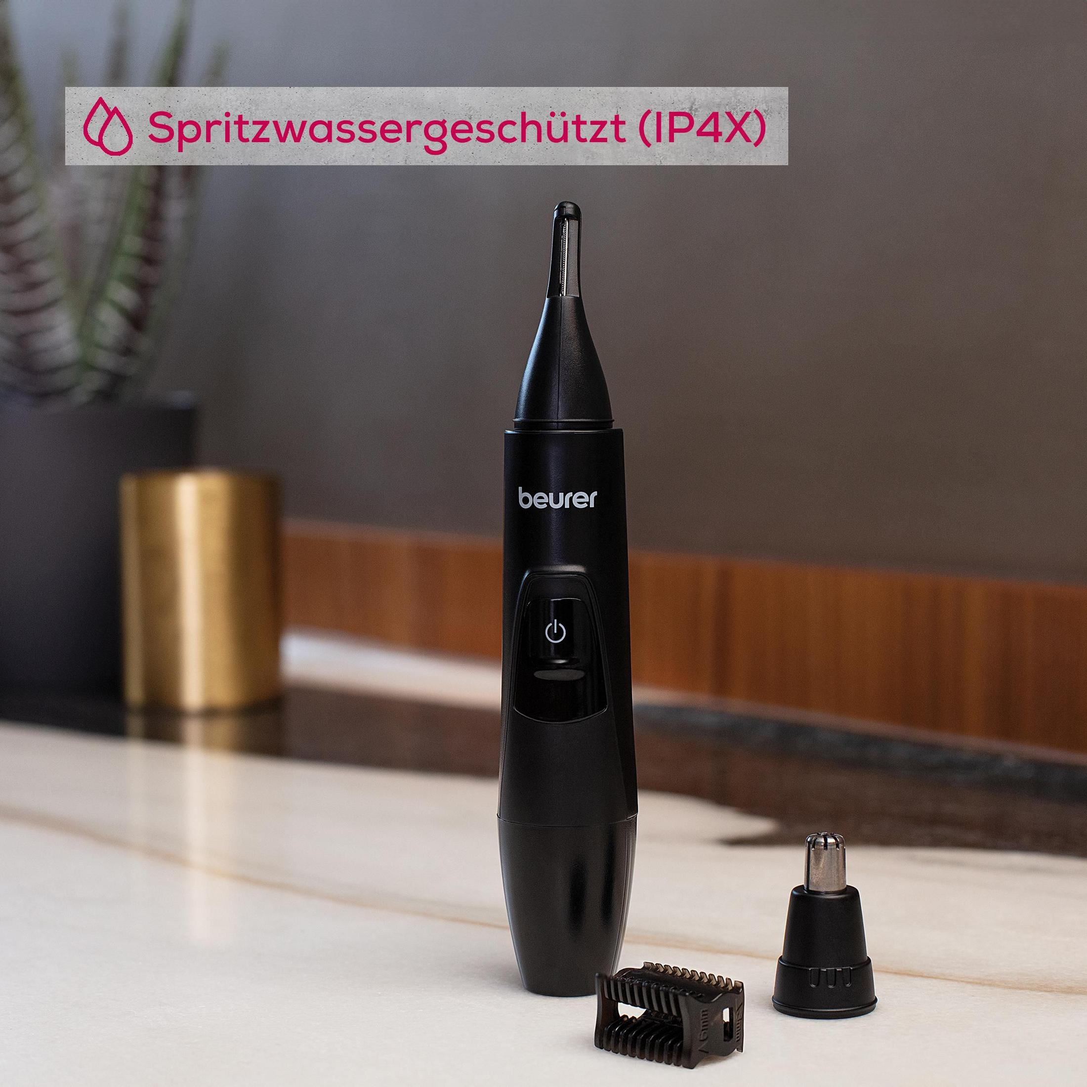 Zwarte Beurer neustrimmer met opzetstukken, spatwaterdicht (IP4X).