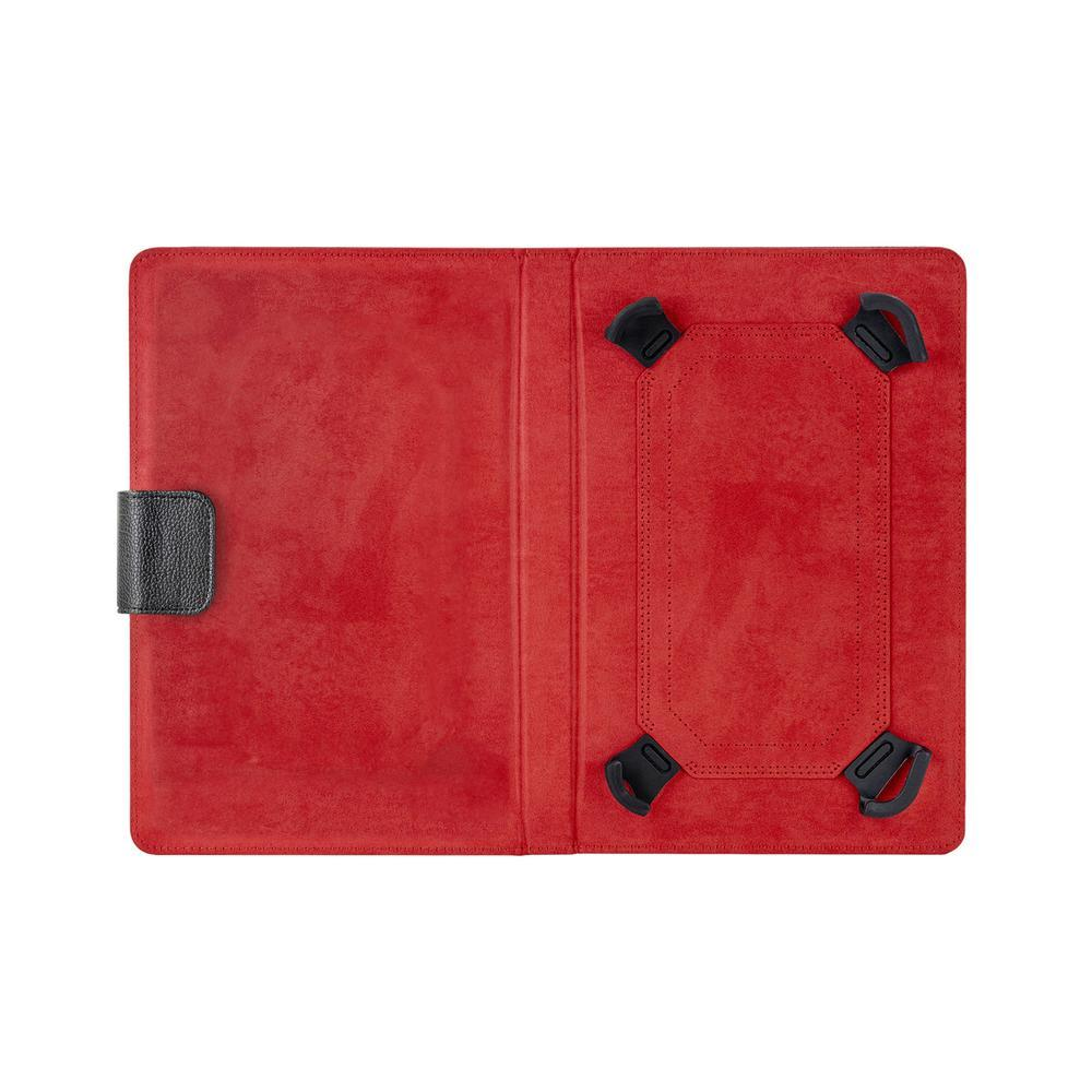 Funda roja abierta para tableta con soportes negros y correa negra. Vista superior.