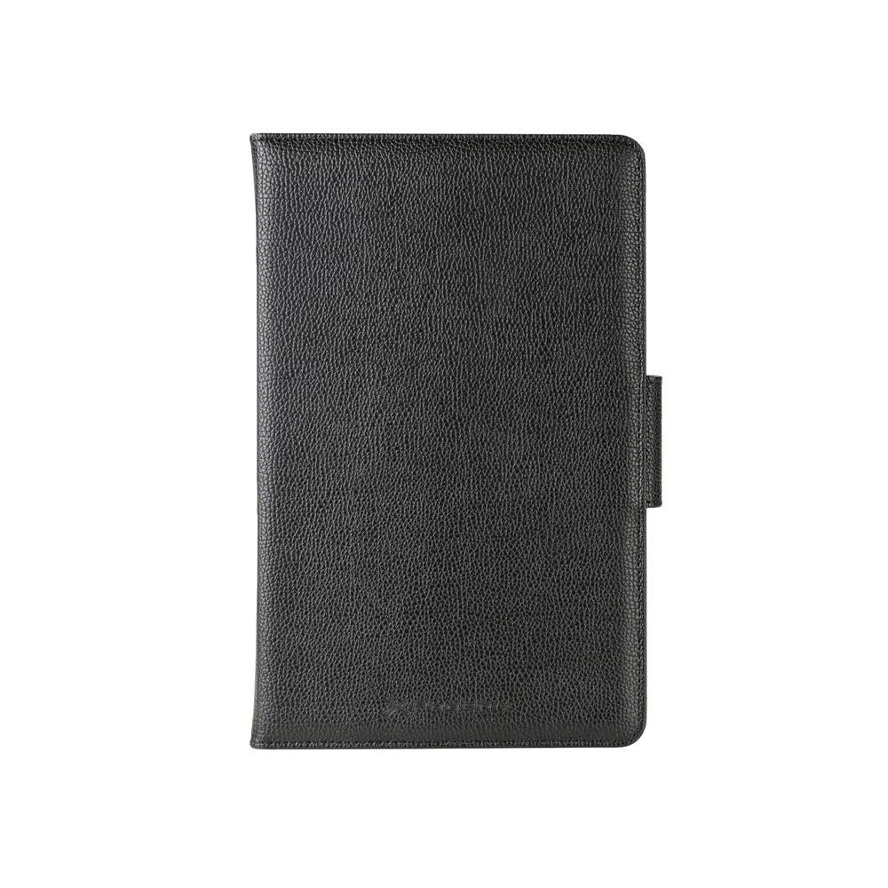 Funda negra de cuero texturizado para tableta, vista plana sobre fondo blanco.