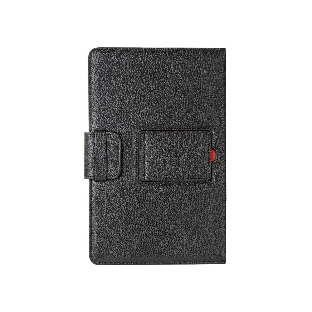 Funda de cuero negro texturizado con correa y bolsillo rojo.