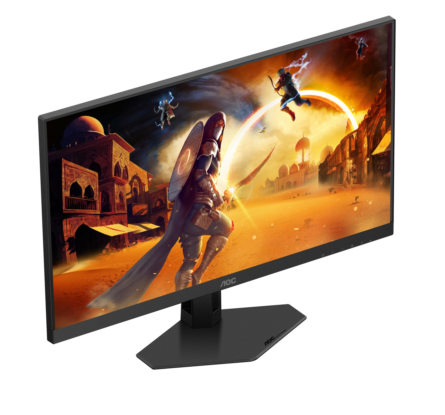 A monitor displays a fantasy game with warriors in a desert city at sunset.